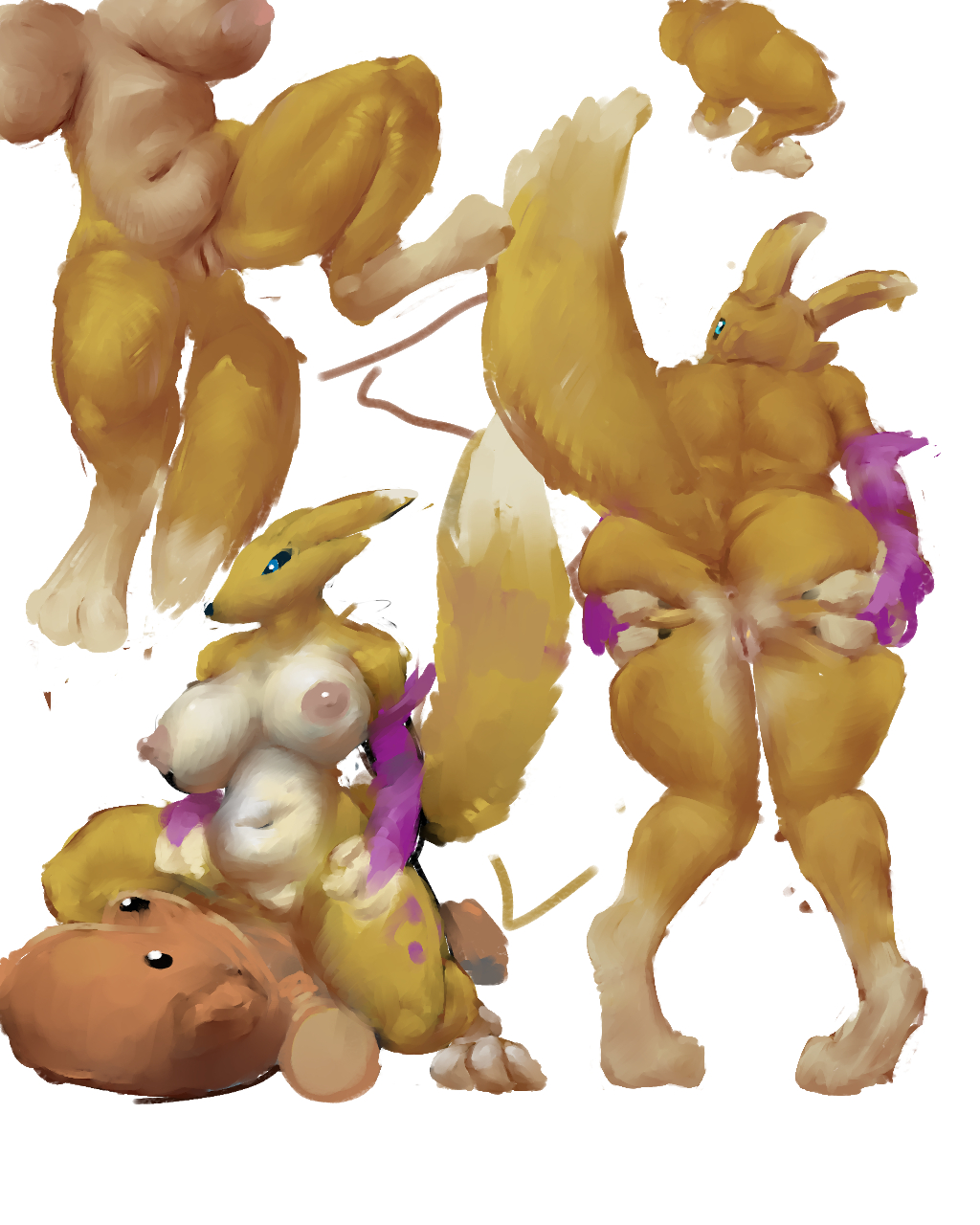 4:5 anus ass big_breasts breasts butt_grab canid canine digimon digimon_(species) female fur genitals goldmikun hand_on_butt hi_res humanoid mammal nipples nude pussy renamon simple_background solo spread_butt spreading video_games white_body yellow_body