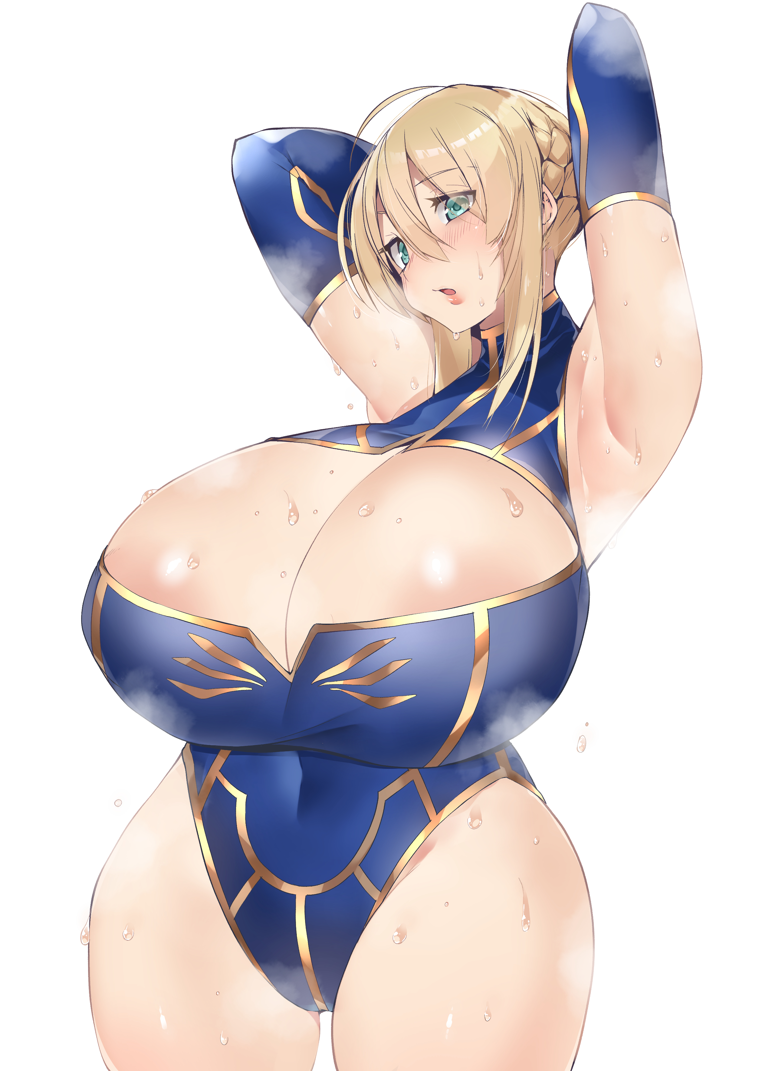 artoria pendragon, artoria pendragon (lancer), big breasts, breasts, clothed female, fate (series), fate/grand order, female, female focus, female only, kobo (cobo 0609), nipples, simple background, solo, solo female, solo focus, steam, sweat, white background