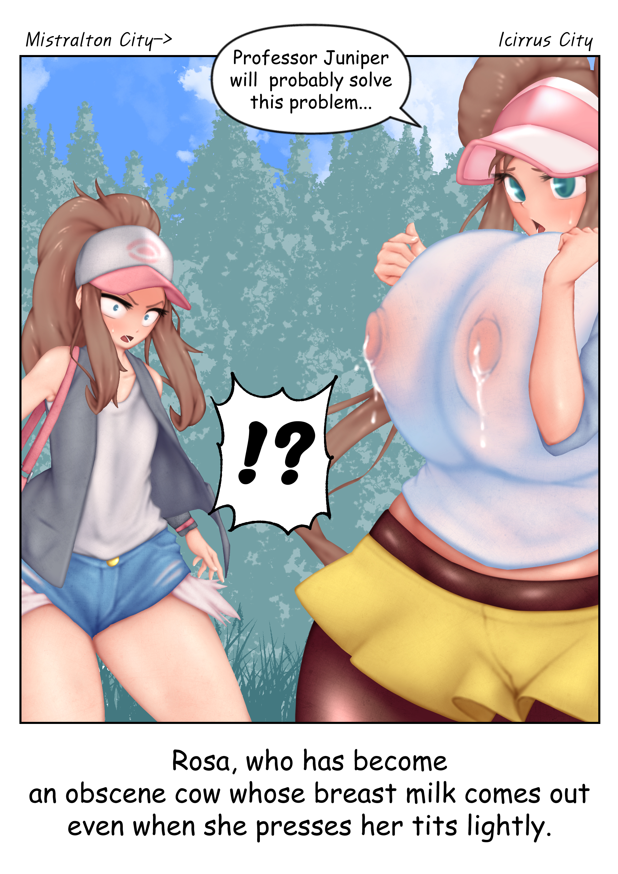 2girls, big breasts, blue eyes, blush, breasts, brown hair, double bun, female, female only, hat, hilda (pokemon), huge breasts, huge thighs, large breasts, leggings, light skin, light-skinned female, milk, nintendo, pale skin, pale-skinned female, pokemon, pokemon bw, pokemon bw2, rosa (pokemon), speech bubble, text, thick thighs, twintails, wide hips, woohyoot