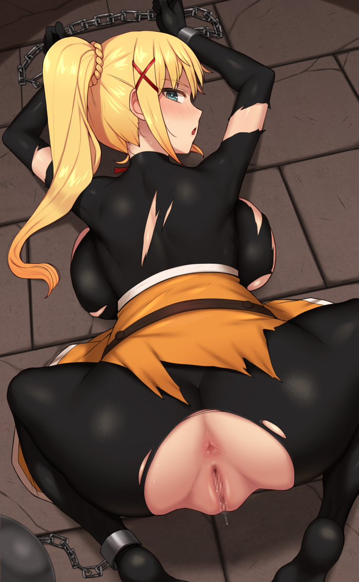 anus, ass, big breasts, blonde hair, bondage, breasts, censored, clothed female, darkness (konosuba), female, female focus, female only, handcuffs, kono subarashii sekai ni shukufuku wo!, looking at viewer, mosaic censoring, nipples, nt00, solo, solo female, solo focus