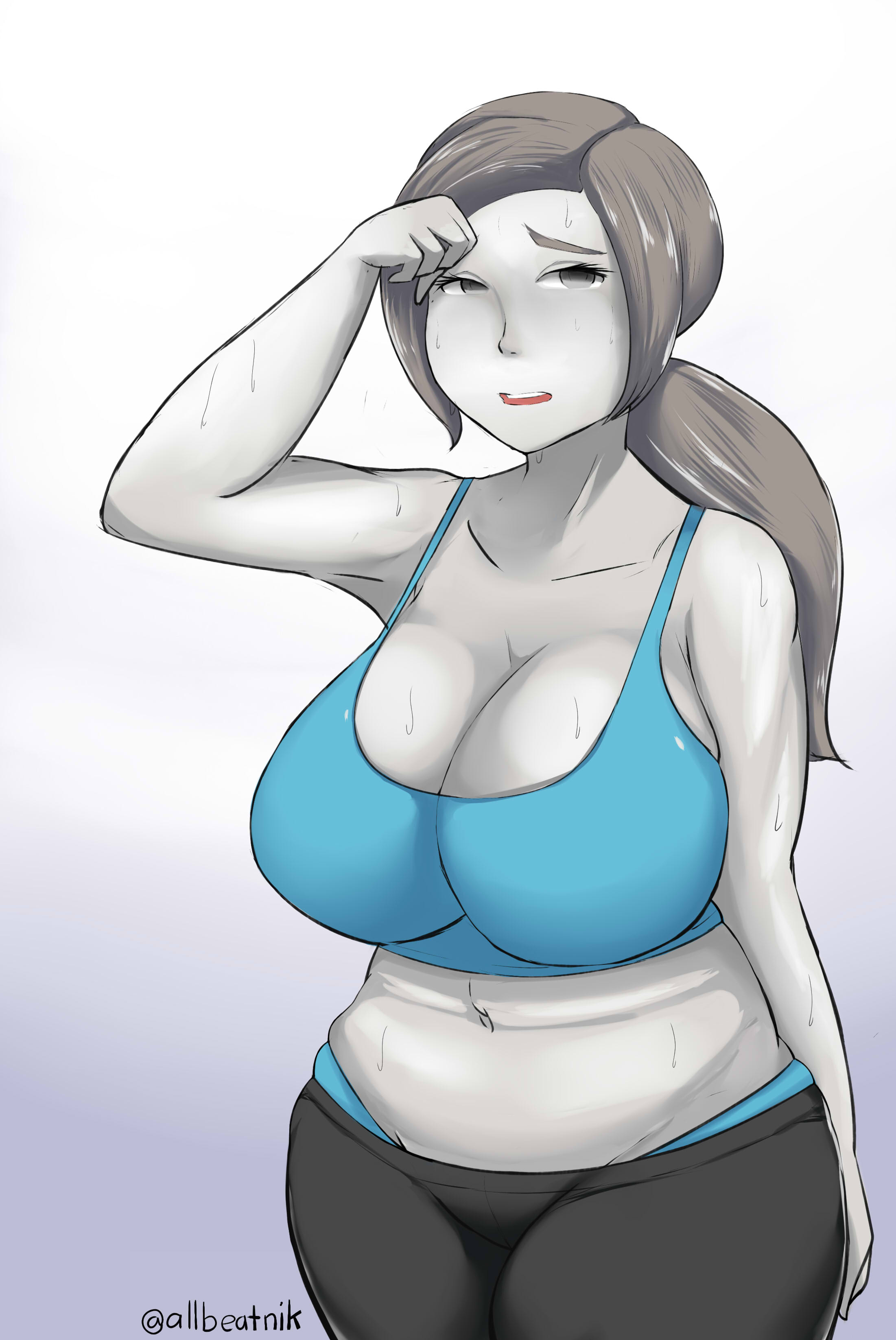 1girls, allbeatnik, armpits, bare shoulders, belly, belly button, big breasts, blush, blushing, breasts, cleavage, clothed, clothes, clothing, eyebrows, eyelashes, female, female only, fully clothed, grey eyes, grey hair, gym uniform, hips, huge breasts, human, human only, humanoid, large breasts, navel, nintendo, one arm up, open mouth, pale skin, simple background, solo, solo female, standing, sweat, sweating, teeth, thick, thick thighs, thighs, voluptuous, white background, white skin, wide hips, wii fit, wii fit trainer, wii fit trainer (female), workout clothes