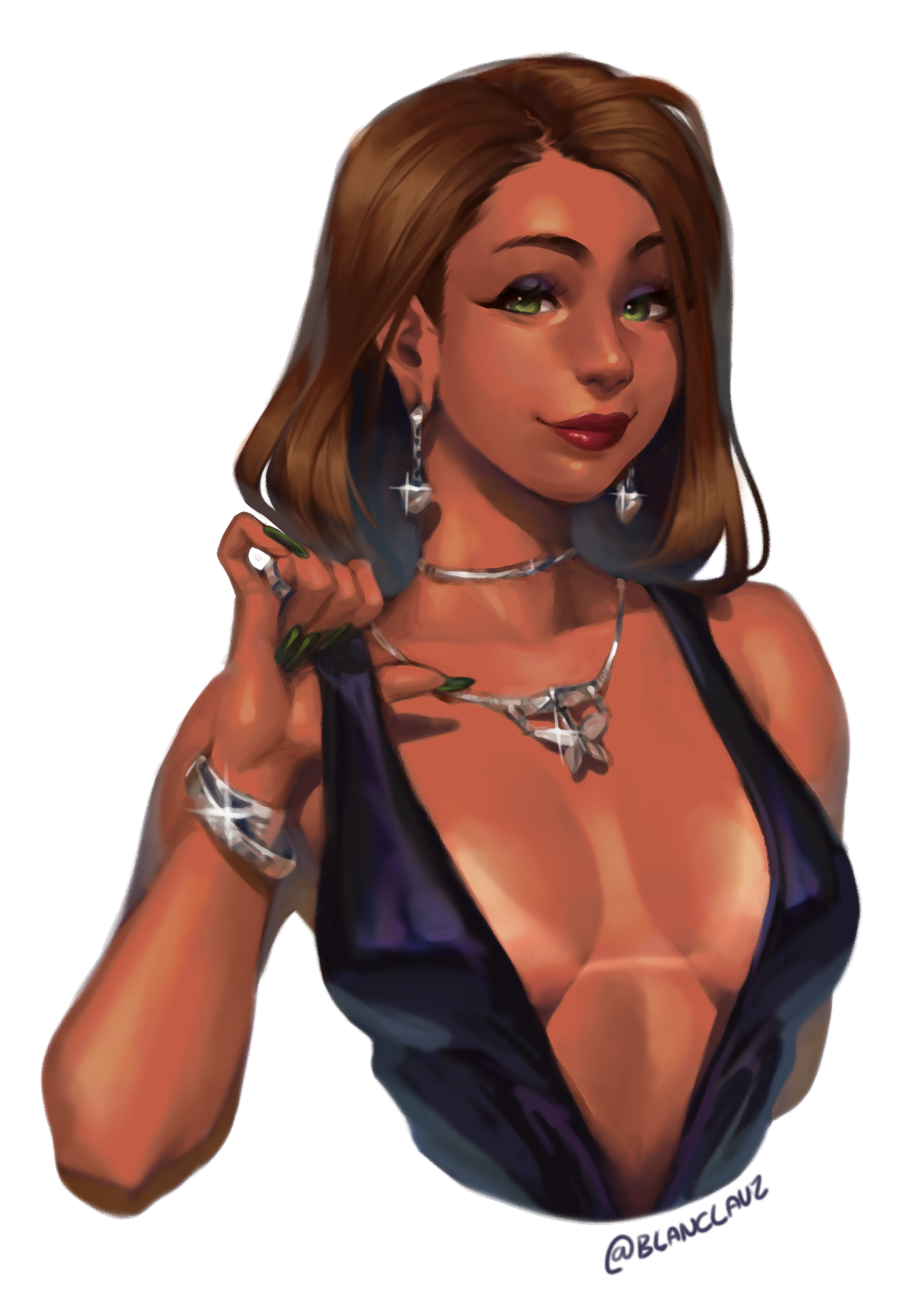 1girls, absurdres, blanclauz, breasts, cleavage, female, highres, latina, long fingernails, looking at viewer, nina (blanclauz), no bra, solo, solo female, tan, tanline, tanlines, trans woman, transfem