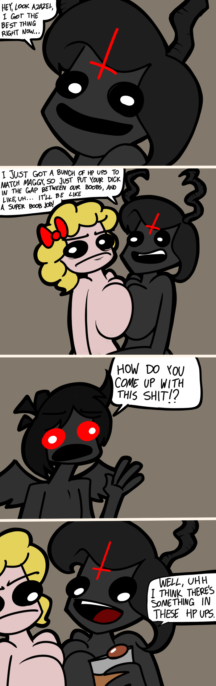 ass azazel_(the_binding_of_isaac) bandana black_hair blindfold blonde_hair bow breast_press breasts brown_hair comic demon eve_(the_binding_of_isaac) female horns inverted_cross leathericecream magdalene_(the_binding_of_isaac) the_binding_of_isaac wings