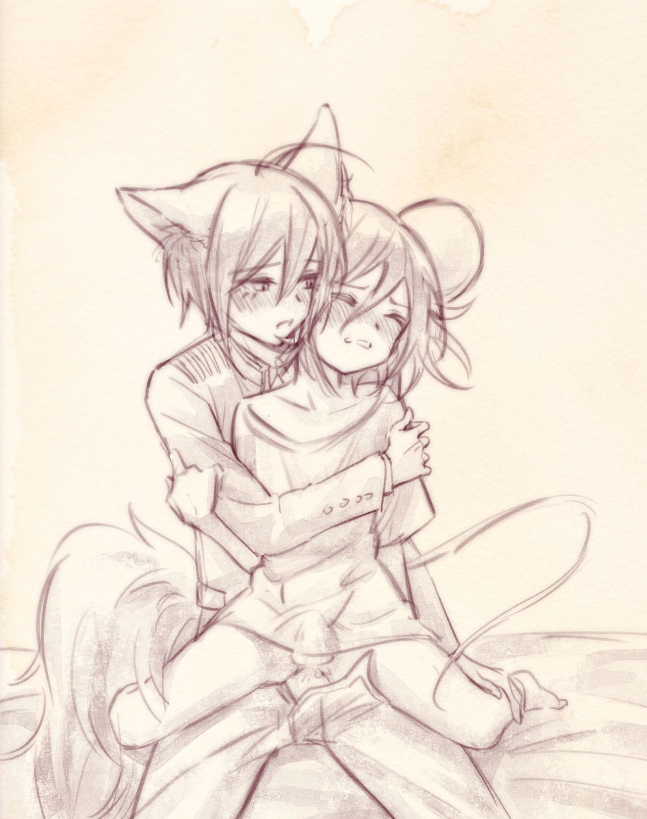 2boys, anal, anal sex, animal ears, animal tail, blush, blushing, bottomless, bulge, cat ears, cat tail, clenched teeth, danganronpa, danganronpa v3, erection, erection while penetrated, ewa (seraphhuiyu), femboy, gay, girly, looking pleasured, male, male only, male/male, mostly clothed, mouse ears, mouse tail, open mouth, ouma kokichi, penis, saihara shuuichi, shirt only, sitting, sitting on lap, sitting on penis, sitting on person, size difference, straight hair, yaoi