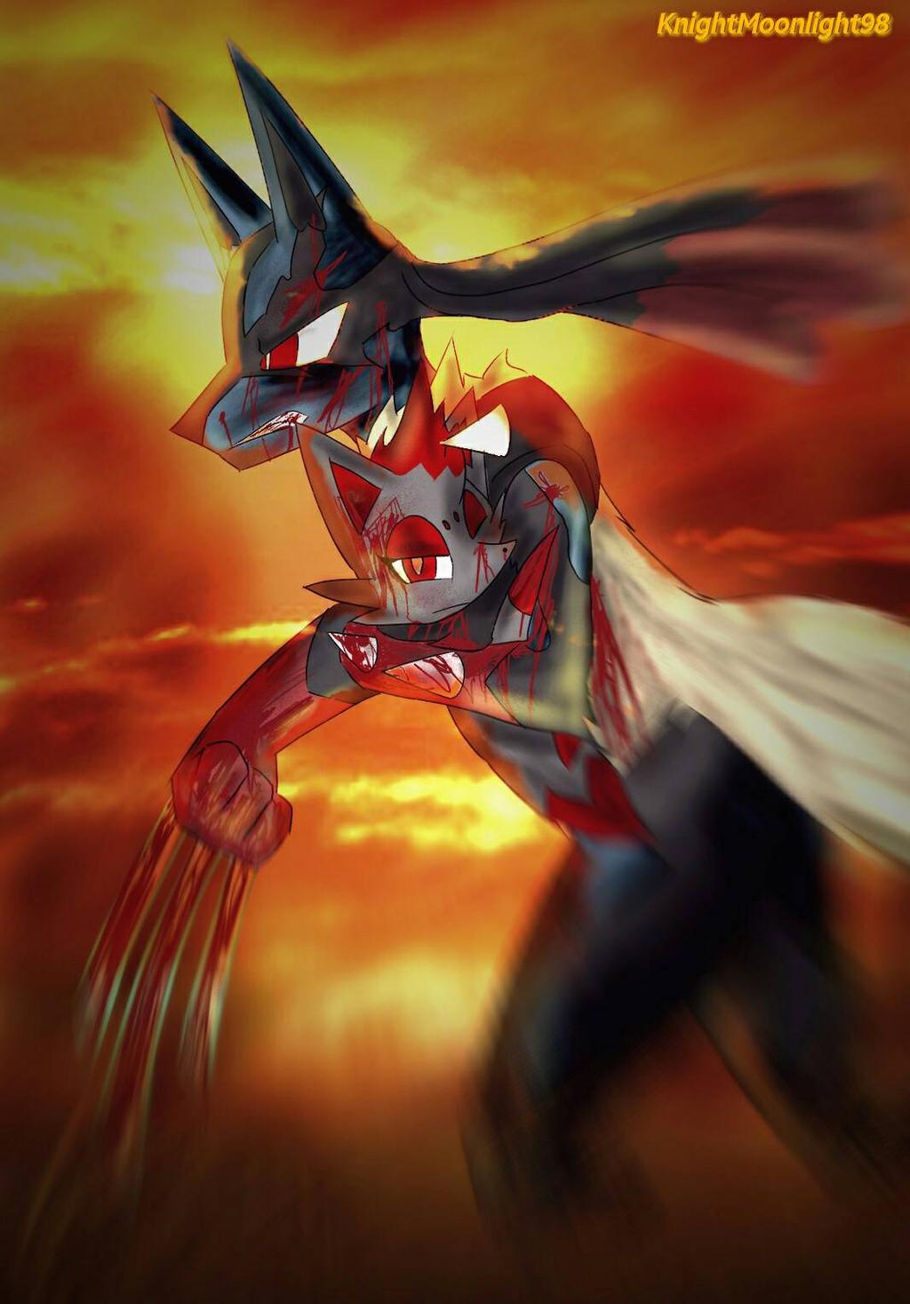 ambiguous_gender anthro black_body black_fur blade blood blue_body blue_fur bodily_fluids carrying clenched_teeth crossover detailed_background duo fangs feral fluffy fluffy_tail fur grey_body grey_fur hi_res knightmoonlight98 logan_(fox) lucario male multicolored_body multicolored_fur nintendo nosebleed one_eye_closed open_mouth pokemon pokemon_(species) red_body red_eyes red_fur teeth video_games zorua