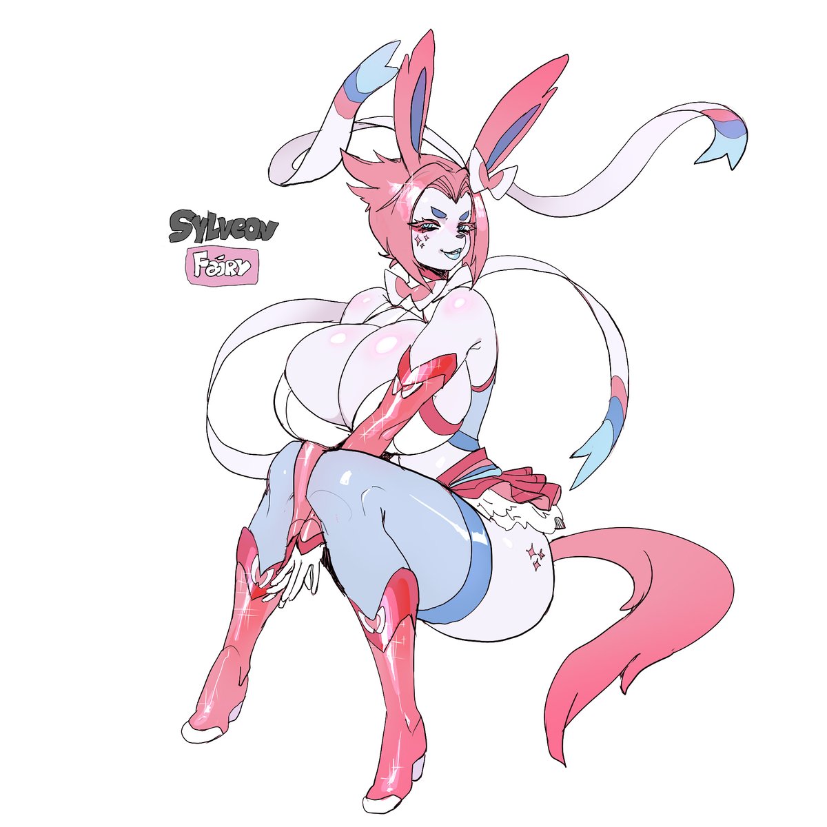 2d, 2d (artwork), anthro, big breasts, breasts, cleavage, curvy figure, female, fully clothed, huge, looking at viewer, maniacpaint, nintendo, pokemon, pokemon (species), pokemon xy, solo, sylveon, thighs, white background
