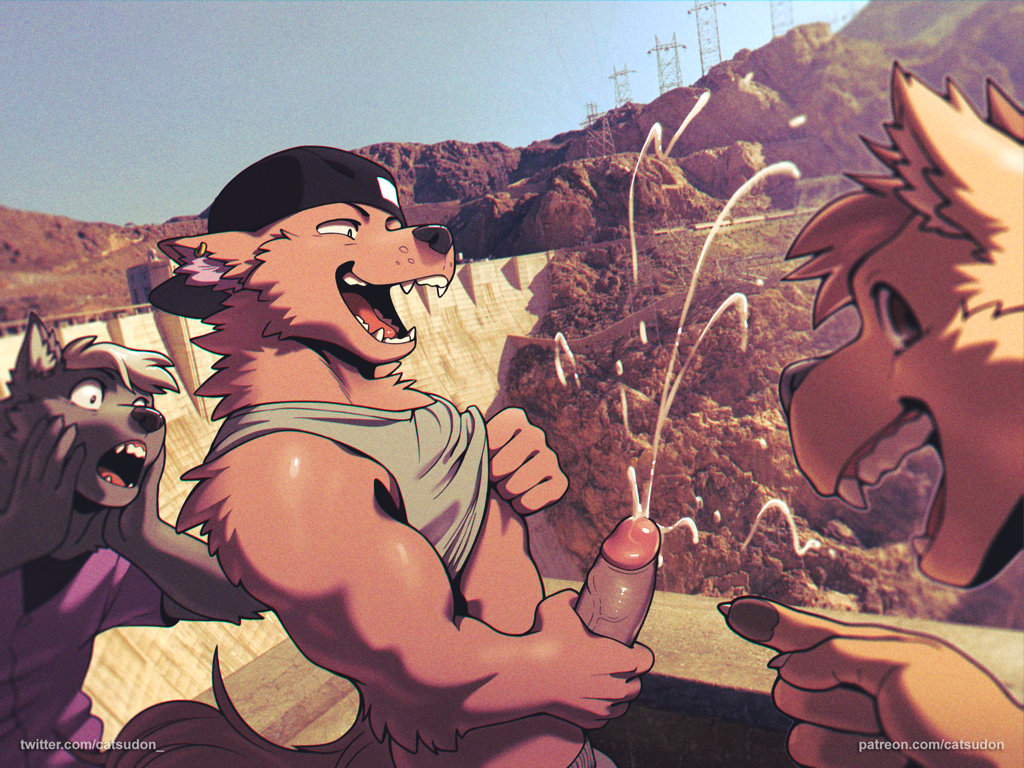 2020, 3boys, anthro, anthrofied, backwards baseball cap, blue sky, cap, catsudon, clothing, cum, cumming, cumshot, cumstring, digital media (artwork), earrings, ejaculate, ejaculation, erection, exposed penis, fingers, furry, furry only, furry tail, grey tank top, hand on penis, hands on face, hat, highres, humanoid, humanoid penis, looking at penis, looking at viewer, looking pleasured, male, male focus, male only, masturbation, mountain, muscles, muscular, muscular male, open mouth, out of frame, outdoors, patreon, patreon username, penis, penis hold, penis out, photo background, pointing, pointing at another, public, public exposure, public masturbation, public nudity, rocks, stroking, tank top, tank top lift, teeth, trio, twitter username, veiny penis, voyeur, voyeurism, watermark