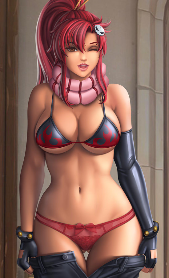 1girls, bikini top, bow panties, bra, clothing, female, female only, flowerxl, lace panties, lace-trimmed panties, looking at viewer, open mouth, panties, pants down, ponytail, red hair, scarf, shorts down, solo, tengen toppa gurren lagann, thigh gap, undressing, wide hips, winking at viewer, yoko littner
