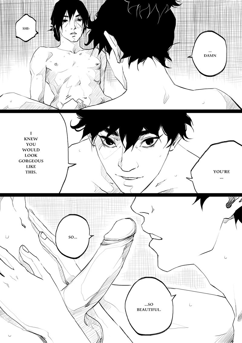 2boys balls black_and_white black_hair comic doujinshi english_text erection knife male multiple_boys naruto naruto_shippuden penis sweat tagme text uchiha_itachi uchiha_shisui yaoi