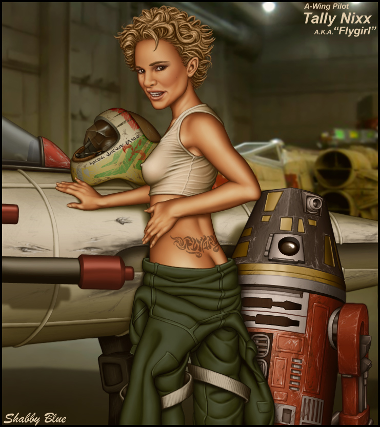 1girls a-wing ass astromech_droid aurebesh blonde_hair breasts brown_eyes clone clothed clothes clothing crop_top curly_hair droid english_text female female_only flygirl green_clothing hand_on_hip hangar helmet_removed indoors jumpsuit light-skinned_female light_skin looking_at_viewer looking_back looking_back_at_viewer natalie_portman nipples nipples_visible_through_clothing open_mouth original_character pants_down pilot rebel rebel_pilot robot sci-fi science_fiction scifi shabby_blue shirt shirt_down short_hair sleeveless_shirt small_ass small_breasts spaceship standing star_wars tagme tally_nixx tattoo teeth text tramp_stamp vehicle white_shirt x-wing