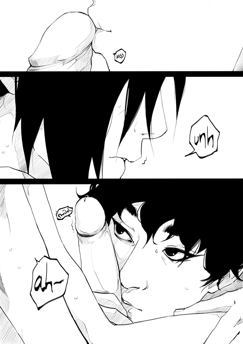 2boys balls black_and_white black_hair comic doujinshi english_text erection kissing male multiple_boys naruto naruto_shippuden penis penis_grab penis_kiss sweat tagme text uchiha_itachi uchiha_shisui yaoi