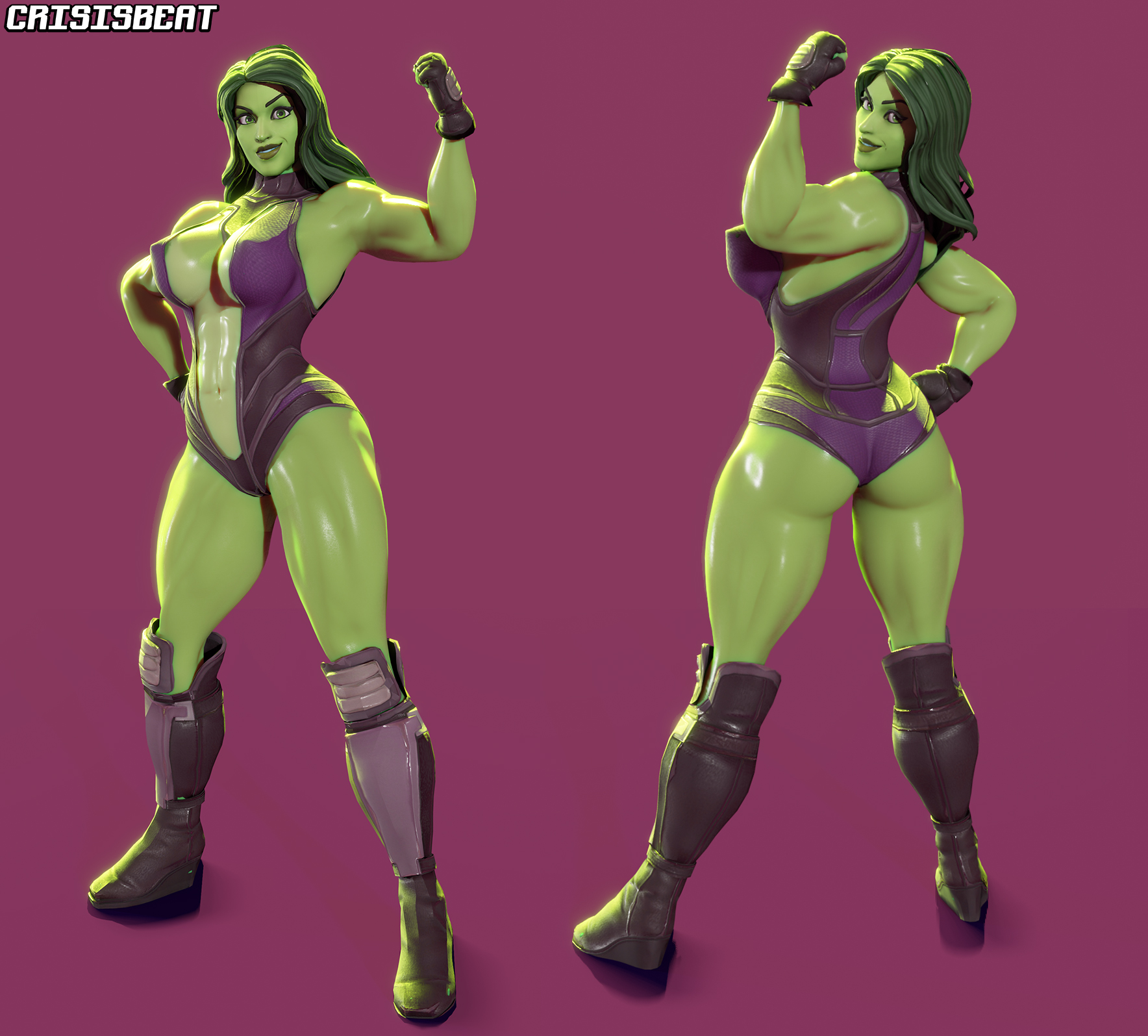1girls, 3d, 3d (artwork), ass, big ass, big breasts, boots, breasts, crisisbeat, female, female only, fingerless gloves, flexing bicep, fortnite, gloves, green body, green eyes, green hair, green skin, hulk (series), looking at viewer, looking back, marvel, marvel comics, multiple angles, muscles, muscular, muscular female, navel, rear view, revealing clothes, she-hulk, she-hulk (fortnite), solo, tagme, thick thighs, thighs