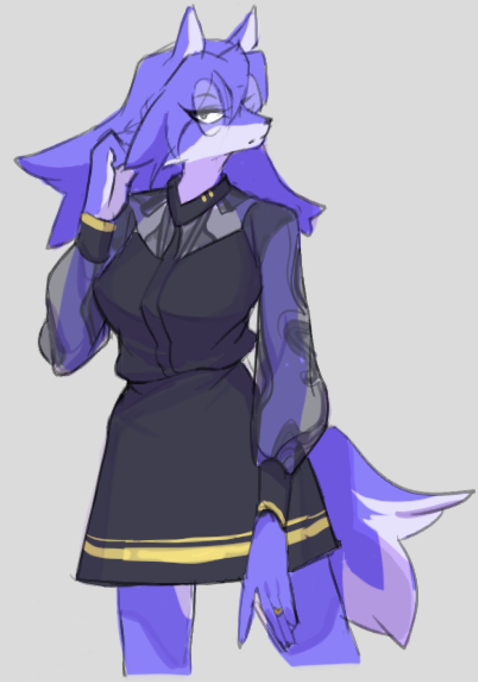 anthro blue_body blue_fur canid canine eyewear female fox fur glasses hair hi_res long_hair long_sleeves mammal solo sususuigi transparent_sleeves