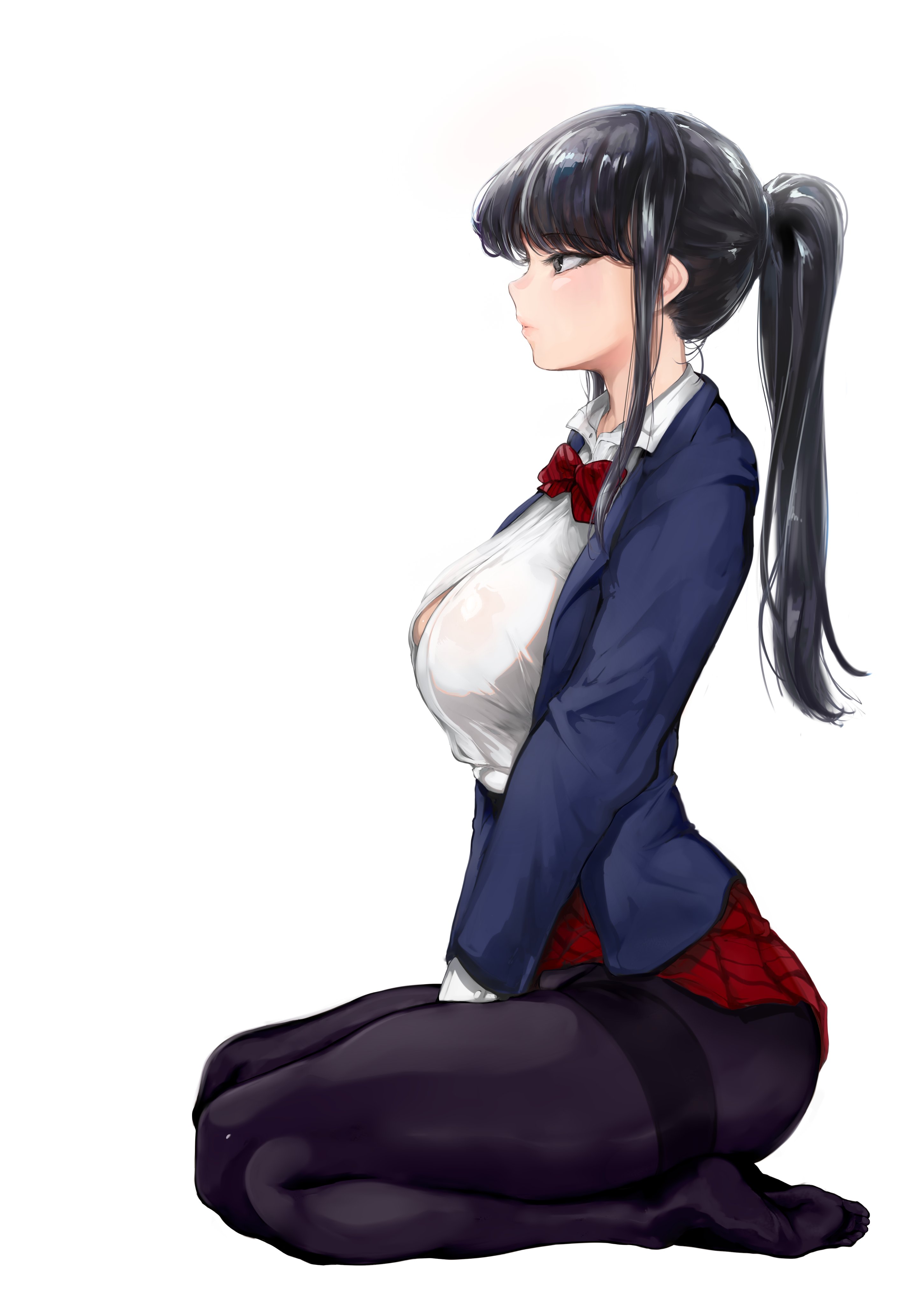 1girls, clothed, clothing, female, female only, komi shouko, komi-san wa komyushou desu, light skin, light-skinned female, mamimi (mamamimi), no shoes, pantyhose, ponytail, solo, tagme