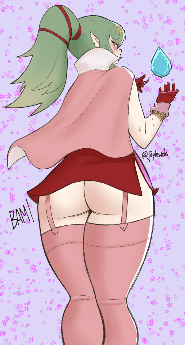 ass back_view big_ass big_breasts female female_focus female_only fire_emblem fire_emblem_awakening green_eyes green_hair joylewds large_ass long_hair looking_back ponytail solo solo_female solo_focus stockings tiki_(adult)_(fire_emblem) tiki_(fire_emblem)