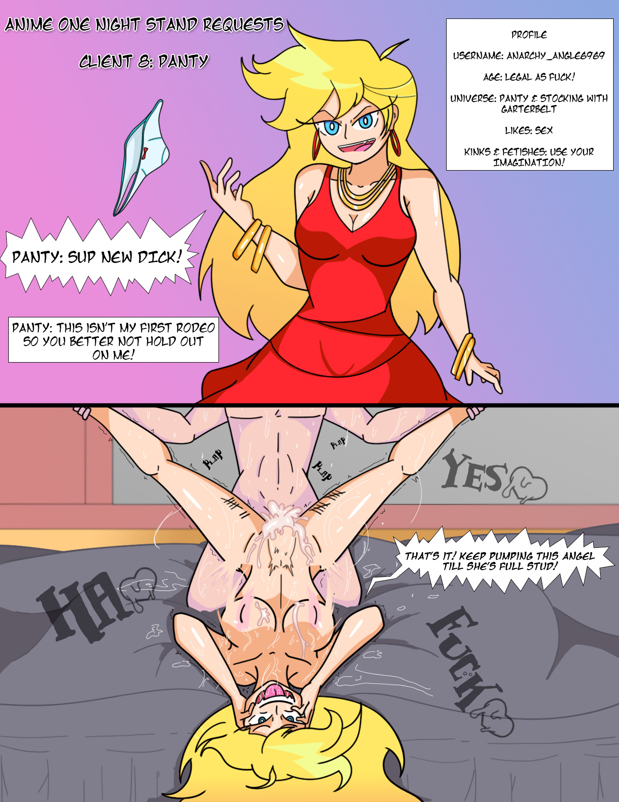 1boy, angel, anime one night stands, bed, bedroom, blonde hair, blue eyes, body writing, bouncing breasts, breasts, character name, cum on body, cum on breasts, cum on upper body, dress, drooling, dywtba-alt-universe, ejaculation, female, grabbing legs, happy sex, high resolution, jewelry, juto arigato, male, nakadashi, nopan, on back, open mouth, original character, panty & stocking with garterbelt, panty anarchy, red dress, saliva, semen, sex, spread legs, stomach bulge, tally, text, thrusting, tongue, tongue out, unseen male face