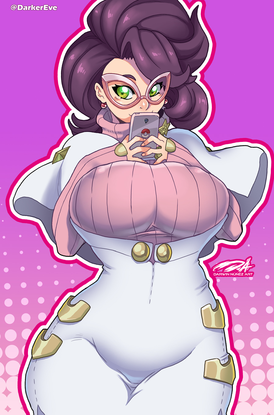 1girls, big breasts, breasts, curvy figure, darkereve, earrings, eye contact, female, fully clothed, glasses, green eyes, huge breasts, large breasts, light skin, light-skinned female, looking at viewer, medium hair, nintendo, pale skin, pale-skinned female, phone, pokemon, pokemon sm, purple hair, voluptuous, wicke (pokemon)