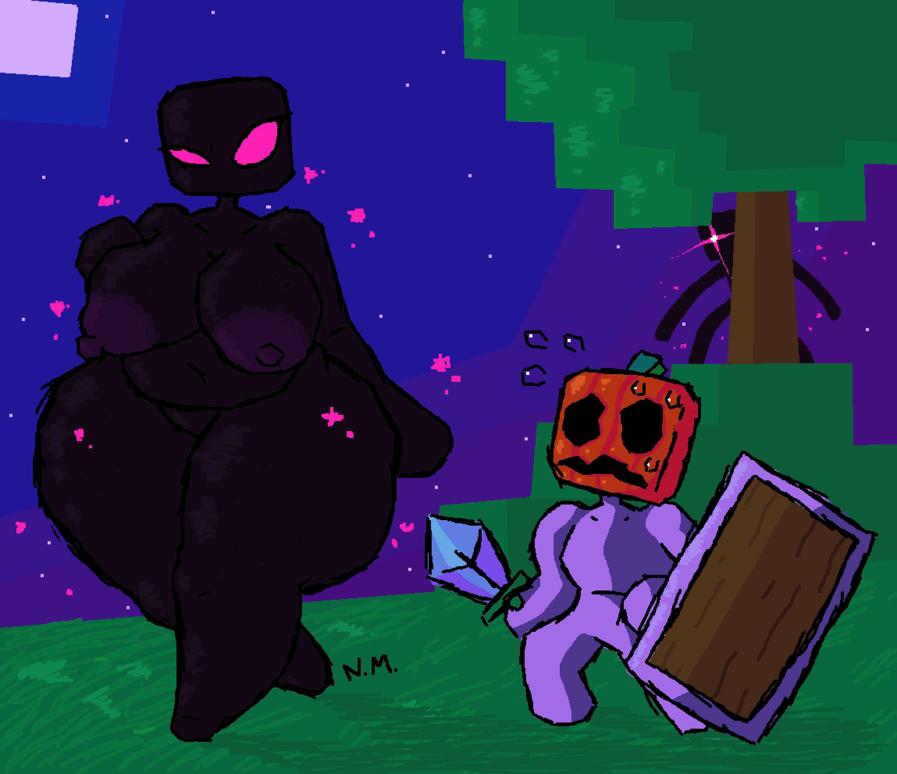 2020, 2boys, artist upload, ass, big ass, big belly, big breasts, big butt, breasts, chubby, chubby female, dark skin, dark-skinned female, enderman, enderwoman, female, large areolae, large ass, large breasts, larger female, male, minecraft, sleepyslut