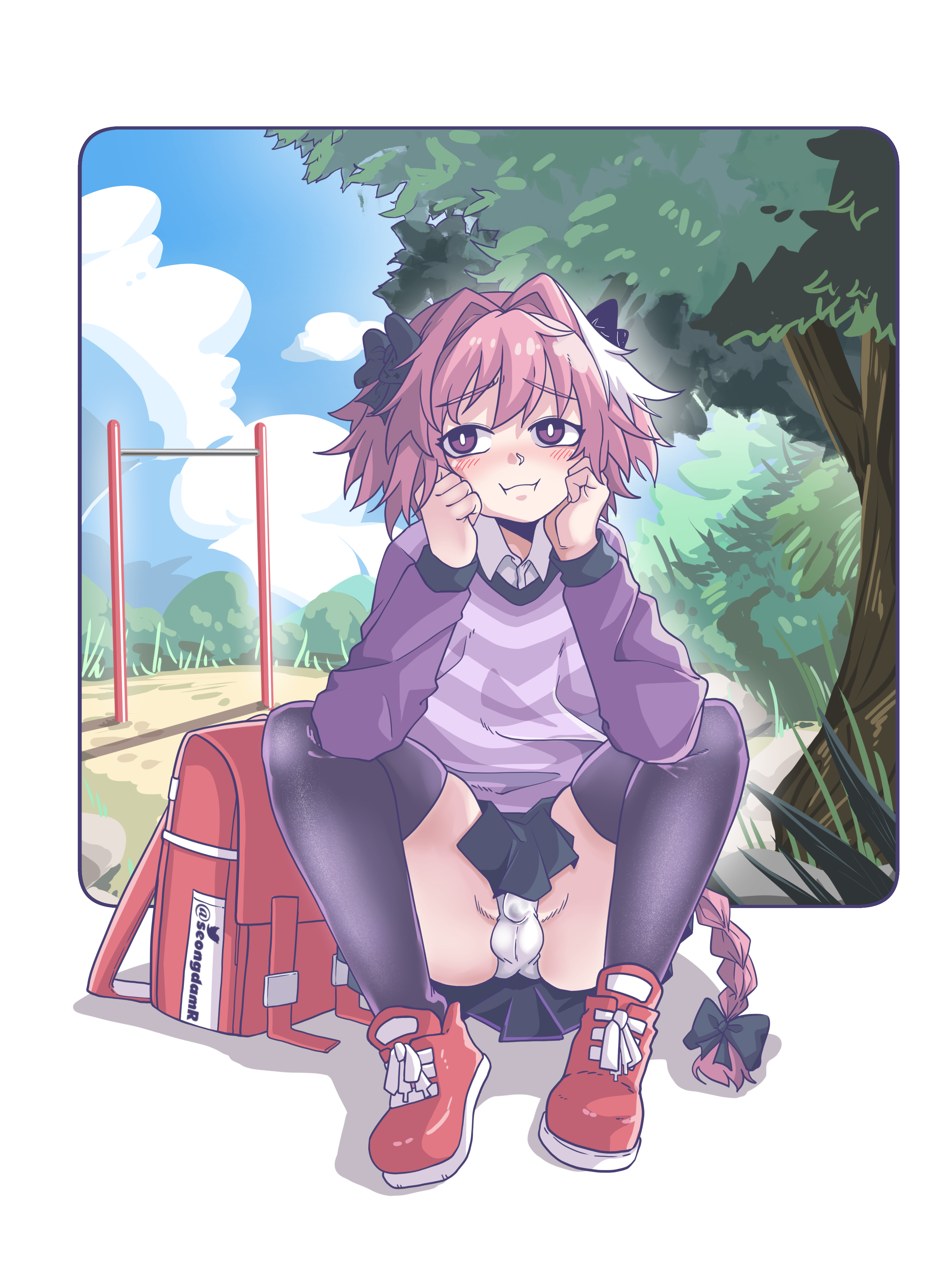 1boy, androgynous, astolfo (fate), blush, braided hair, bulge, crossdressing, fate (series), fate/grand order, femboy, girly, hair ribbon, long hair, male, panties, penis, penis bulge, pink hair, purple eyes, seongdamr, skirt, solo, trap, white panties