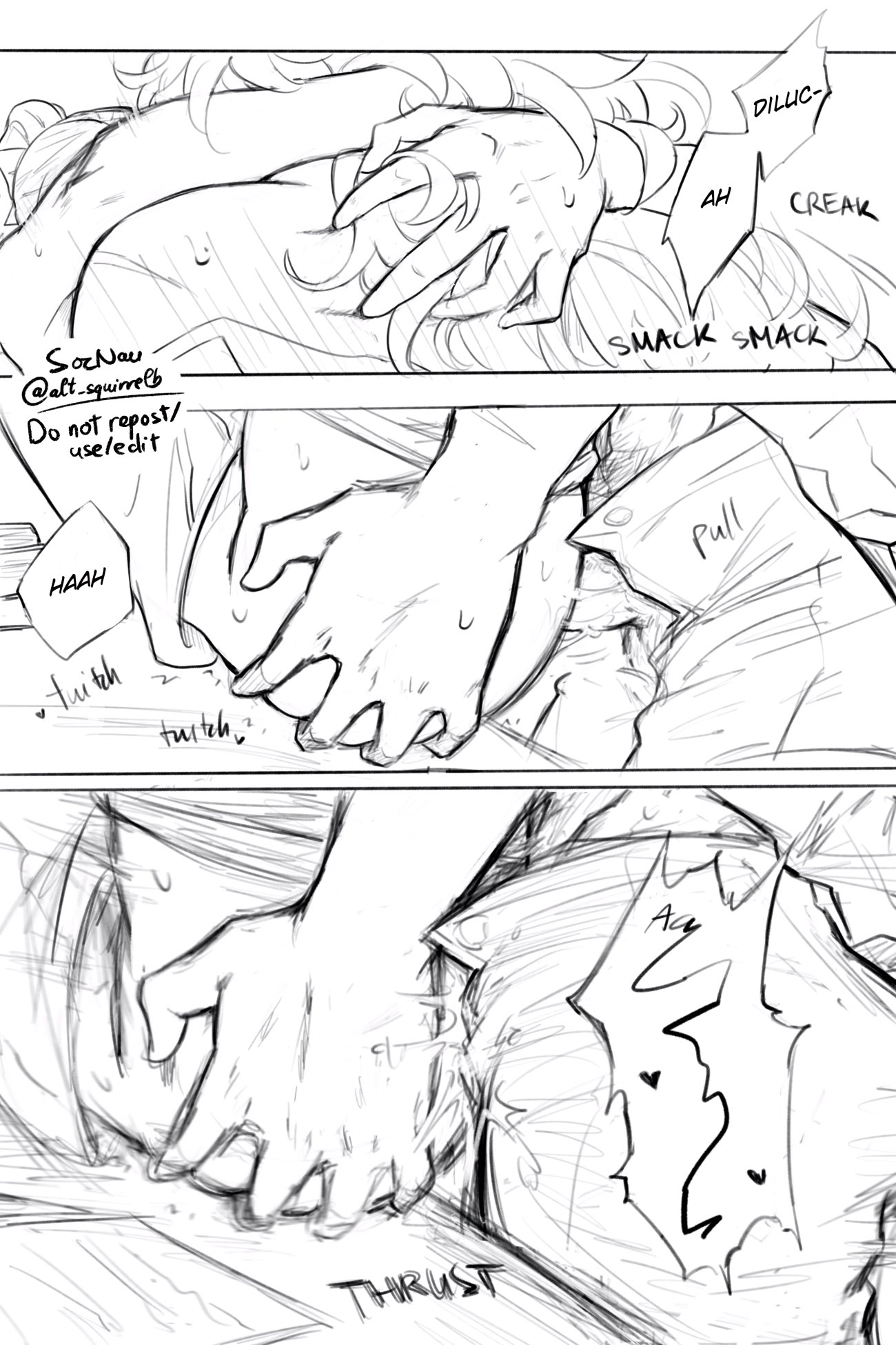 1boy, 1girls, arms around neck, artsquirrelb, ass, ass grab, comic, diluc (genshin impact), female, female penetrated, genshin impact, hands on ass, jean gunnhildr, male, male penetrating, male/female, motion lines, sex, straight, thrusting