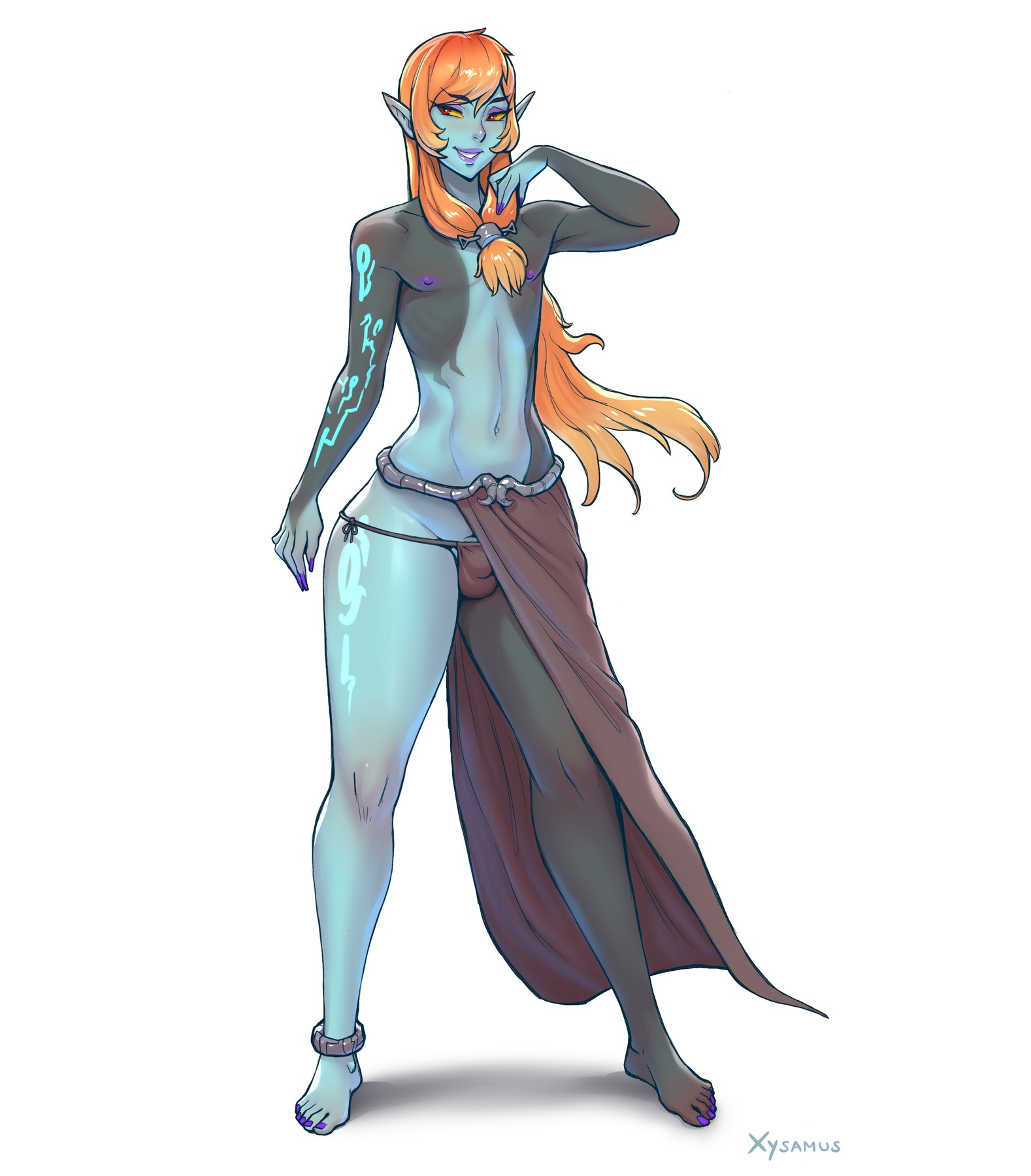 1boy, artist signature, belly, bulge, crossdressing, eyelashes, eyeliner, eyeshadow, femboy, flat chest, genderswap, genderswap (ftm), girly, lingerie, lipstick, long hair, makeup, male, male only, midna, nail polish, nintendo, nipples, orange hair, panties, penis, penis in panties, pointy ears, red eyes, rule 63, small penis, smile, solo, standing, the legend of zelda, trap, twili midna, twilight princess, very long hair, xysamus