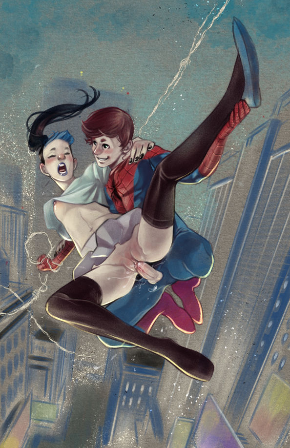 1boy 1boy1girl 1girls bayushi ben_parker benjy_parker blue_hair breasts building faye_ito makeup marvel marvel_comics nipple_slip nipples public_sex pussy pussy_juice sex shirt_up skirt skirt_lift skyscraper spider-man spider-man_(series) straight_hair thighhighs vagina vaginal_penetration vaginal_sex