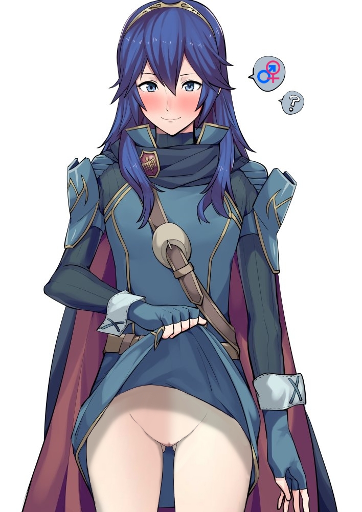 ameno (a meno0), blue eyes, blue hair, blush, blushing, come hither, edit, female, fire emblem, fire emblem awakening, fully clothed, imminent sex, lifted by self, long hair, lucina (fire emblem), nintendo, no panties, presenting, presenting pussy, pussy, smile, unrealityedits, upskirt