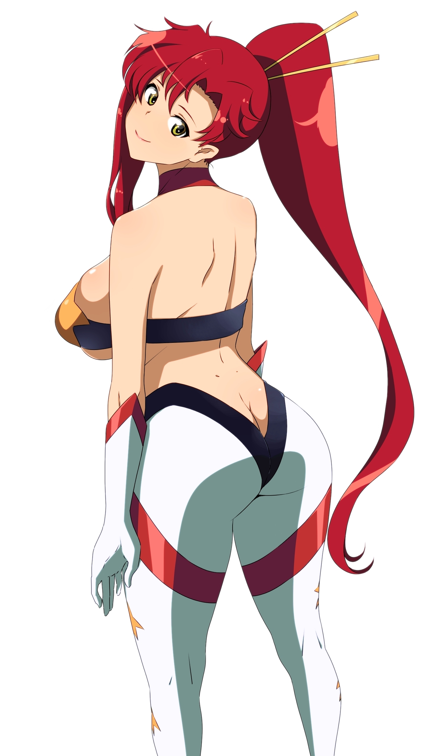 1girls, alternate costume, artist request, ass, ass cleavage, ass crack, bare shoulders, big breasts, breasts, butt crack, choker, clothed, clothed female, clothes, clothing, edit, female, female only, gloves, hair ornament, human, human only, large breasts, long hair, looking back, ponytail, red hair, revealing clothes, smile, smiling, solo, solo female, space yoko, standing, tengen toppa gurren lagann, thighhighs, tied hair, tubetop, white gloves, white legwear, yellow eyes, yoko littner