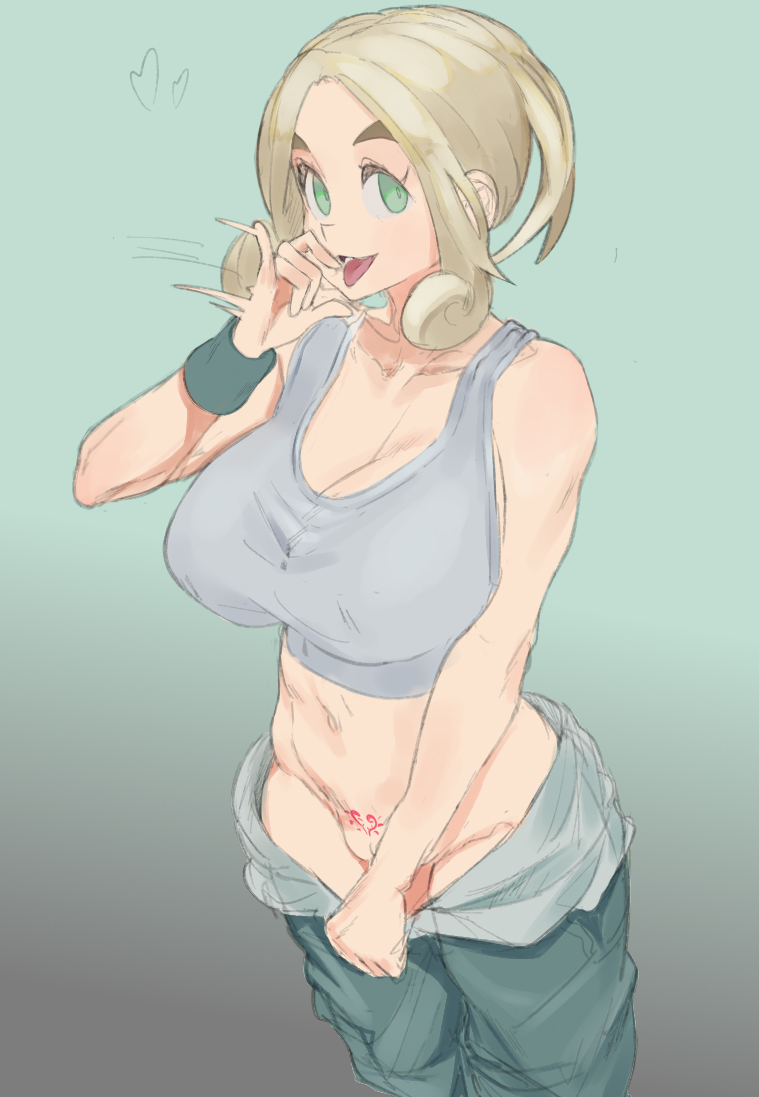 1girls, big breasts, blonde hair, breasts, female, green eyes, huge breasts, krid (artist), large breasts, light skin, light-skinned female, nintendo, no panties, pale skin, pale-skinned female, pants down, pokemon, pokemon xy, pubic tattoo, sexually suggestive, tattoo, viola (pokemon)