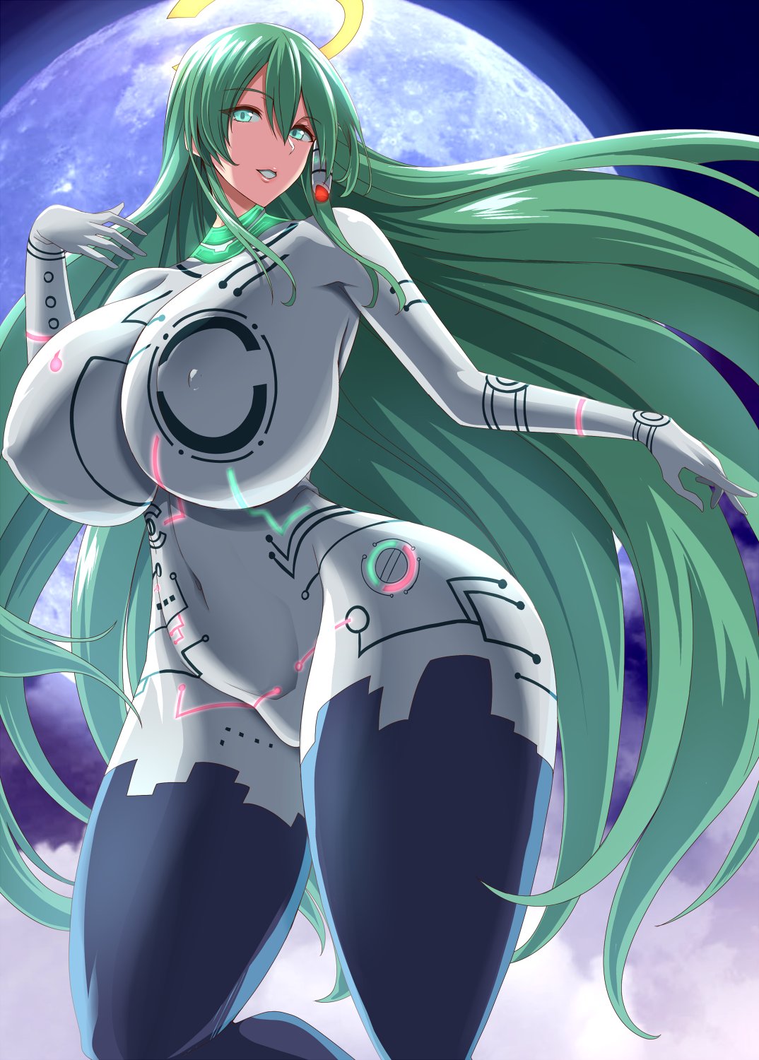 belly, belly button, big breasts, breasts, cute, female, green eyes, green hair, happy, huge breasts, kloah, large breasts, long hair, nipples, smile, space, thick thighs, thighhighs, thighs, thin waist