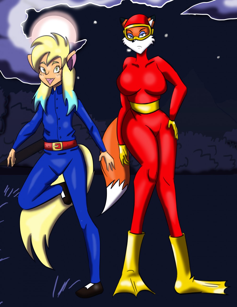 2_bodysuits anthro blueberry_inflation bodysuit clothing cosplay costume feline female female_fox flippers furry halloween halloween_costume inflation jpeg outdoors pooka_(dig_dug) skulldaggery standing tail wetsuit