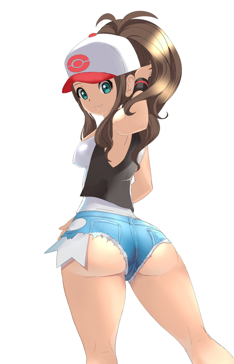 1girls, ass, ass hanging out of shorts, big ass, blue eyes, booty shorts, breasts, brown hair, cap, female, hat, hilda (pokemon), light skin, light-skinned female, long hair, makoto daikichi, minishorts, nintendo, pale skin, pale-skinned female, pokemon, pokemon bw, ponytail, short shorts, shorts, solo, thick thighs, thighs