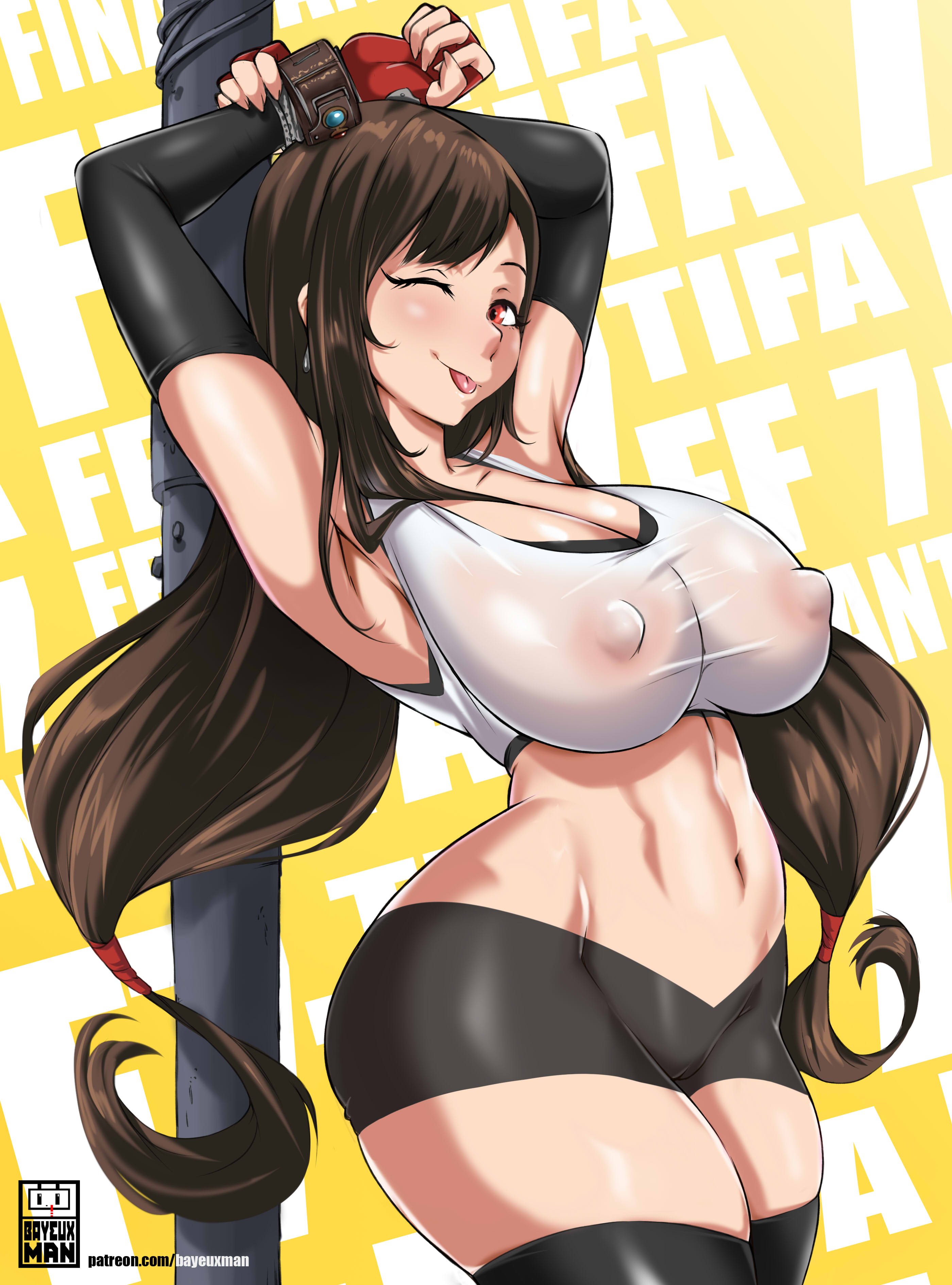 1girls, armpits, arms up, bayeuxman, big breasts, breasts, clothed female, covered nipples, female, female focus, female only, final fantasy, final fantasy vii, final fantasy vii remake, long hair, nipples, nipples visible through clothing, shorts, solo, solo female, solo focus, tagme, thighhighs, tifa lockhart, tongue, tongue out