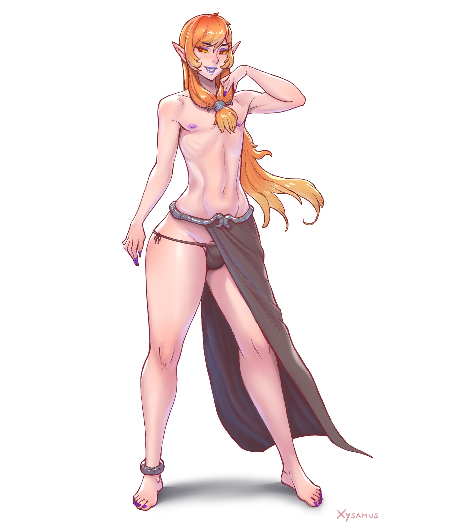 1boy, alternate species, alternate version, belly, blonde hair, bulge, femboy, girly, long hair, male, male only, midna, nintendo, nipples, orange hair, red eyes, rule 63, smile, solo, solo male, standing, the legend of zelda, trap, twili midna, twilight princess, xysamus