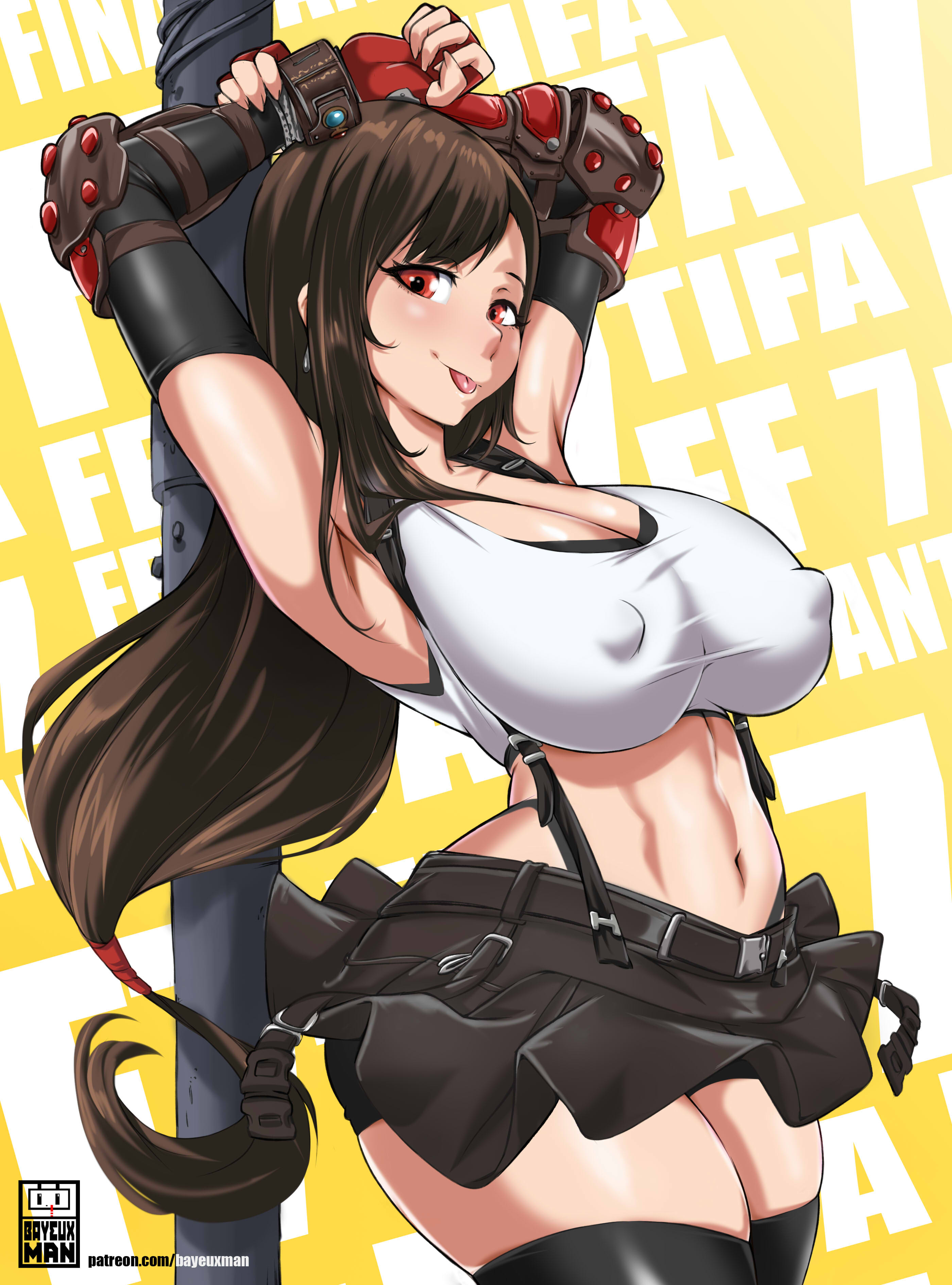 1girls, armpits, arms up, bayeuxman, big breasts, breasts, clothed female, covered nipples, female, female focus, female only, final fantasy, final fantasy vii, final fantasy vii remake, long hair, nipples, nipples visible through clothing, skirt, solo, solo female, solo focus, thighhighs, tifa lockhart, tongue, tongue out