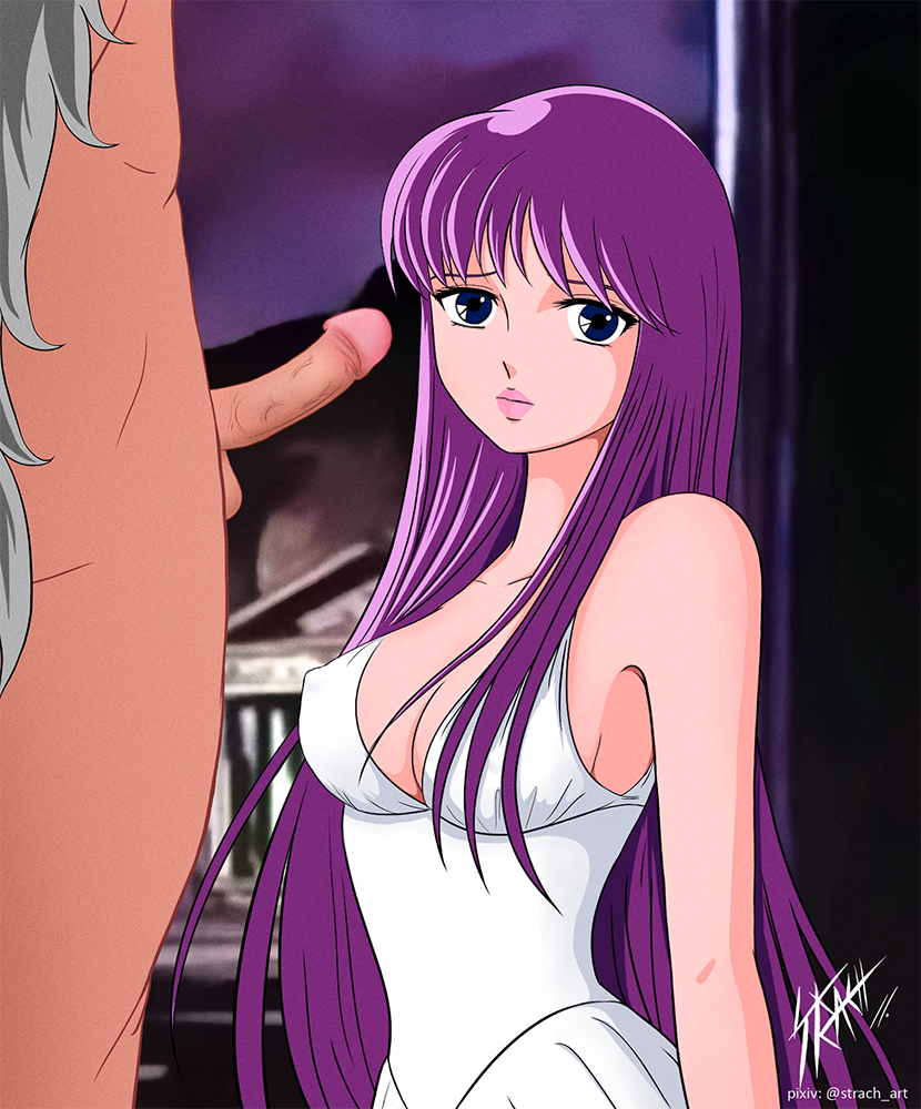 1girls athena_(saint_seiya) breasts female gemini_saga goddess long_hair purple_hair saint_seiya saori_kido shounen_jump strach tagme unseen_male_face