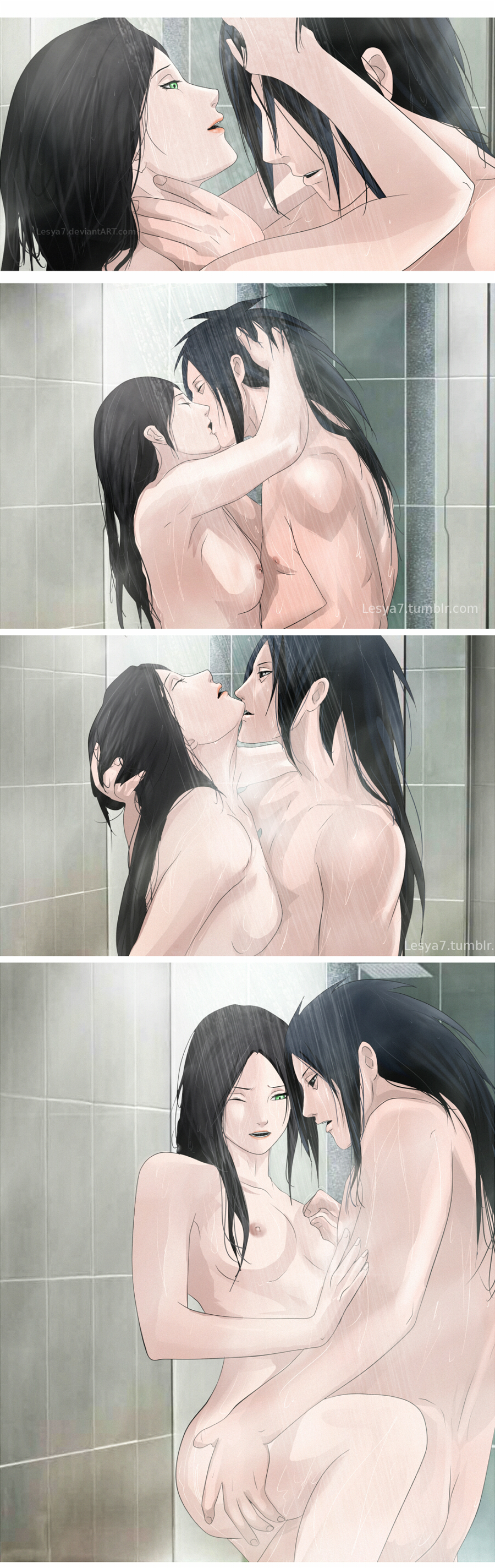 1boy 1girls areolae black_eyes black_hair breast_grab breasts female green_eyes kissing lesya7 lipstick long_hair makeup male moaning naked naruto naruto_(series) naruto_shippuden nipples nude one_eye_closed original_character raised_leg shower smile standing standing_sex uchiha_madara water water_drop