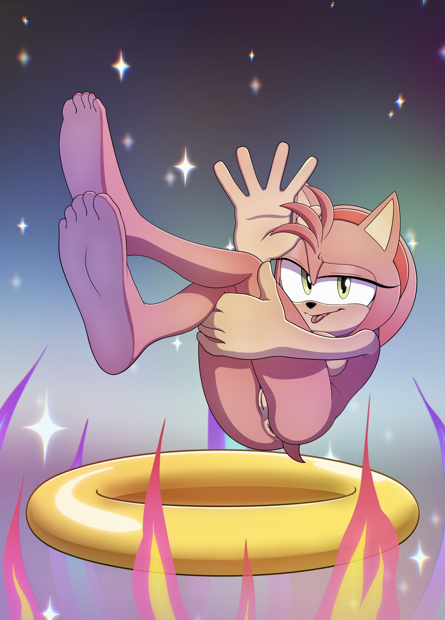 amy_rose anthro anus arts_eidolon ass barefoot bent_legs breasts digital_media_(artwork) eulipotyphlan feet female genitals gesture green_eyes hair hand_gesture hedgehog hi_res looking_at_viewer mammal nude pink_body pussy raised_leg ring sega soles solo sonic_(series) sonic_the_hedgehog_(series) tail tongue tongue_out