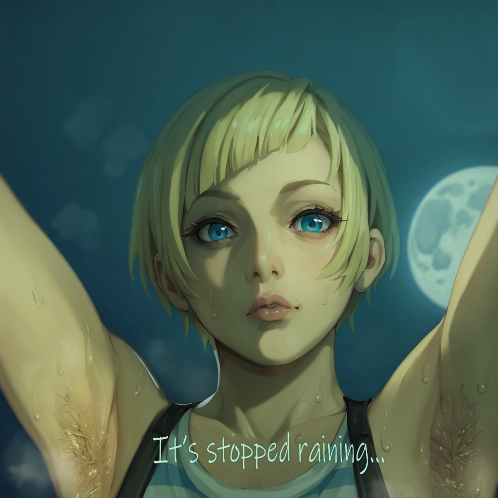 1girls ai_generated armpit_fetish armpit_hair armpits arms_up blonde_hair blue_background bonerhat clothing english_text female_focus full_moon konami lips metal_gear_solid metal_gear_solid_2 moon moonlight olga_gurlukovich sexy_armpits short_hair solo solo_female striped_clothing sweat sweaty_armpits telnyashka text wet