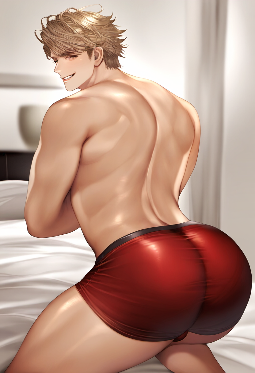 1boy ai_generated ass big_ass boxer_briefs ctst4r high_resolution highres hires inviting looking_back_at_viewer male male_focus male_only shiny_skin short_blonde_hair smooth_skin smug_expression smug_grun solo solo_male thick_legs thick_thighs underwear wide_hips