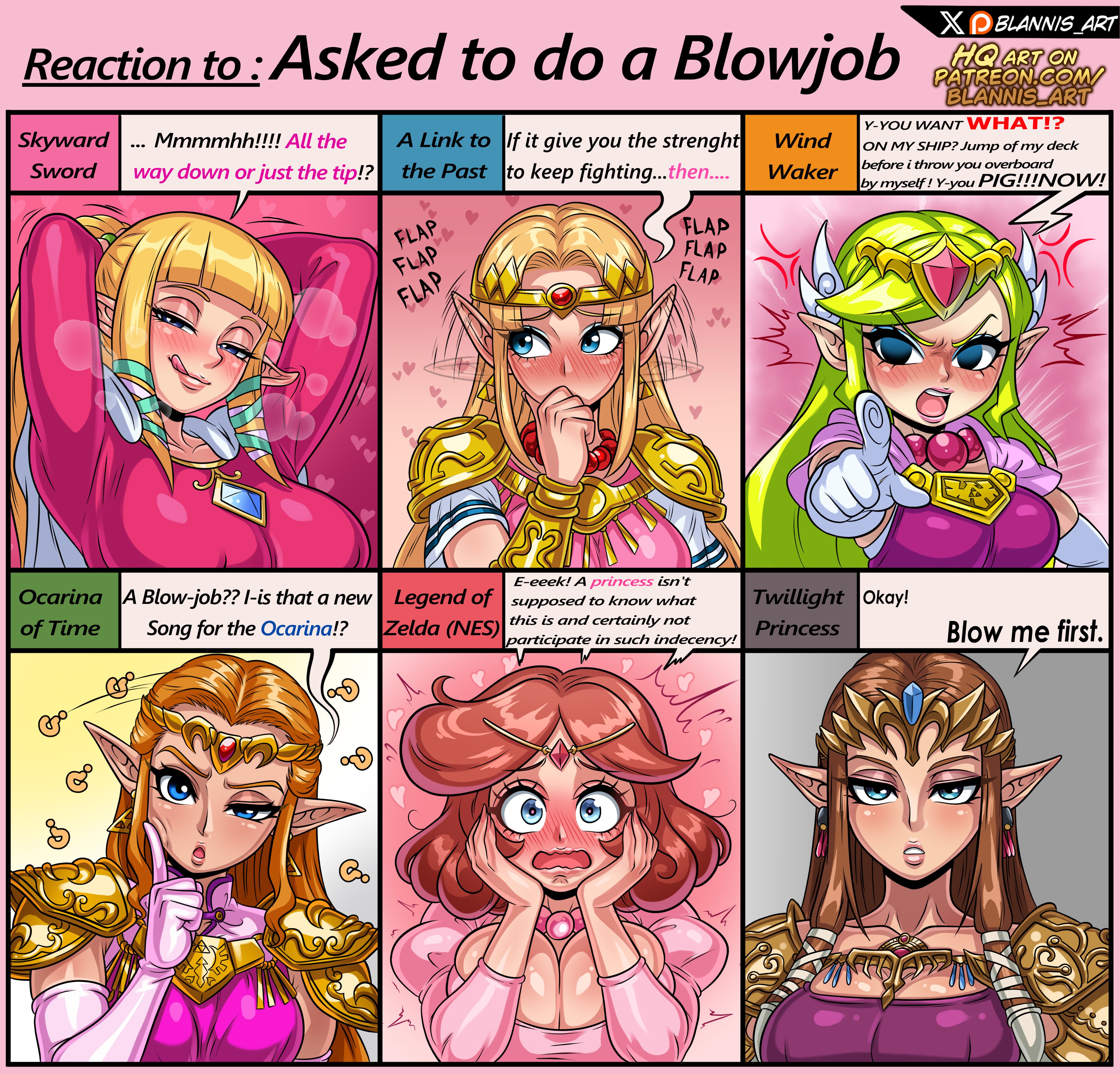 6girls, angry, arms up, big breasts, blannis art, blonde hair, blush, breasts, brown hair, busty, chart, comparing, comparison, comparison chart, embarrassed, english dialogue, english text, female, female only, glistening body, glistening breasts, glistening skin, huge breasts, light skin, light-skinned female, long hair, meme, princess zelda, reaction chart, shiny, shiny breasts, shiny skin, text, the legend of zelda, toon zelda, zelda (a link to the past), zelda (ocarina of time), zelda (skyward sword), zelda (twilight princess)