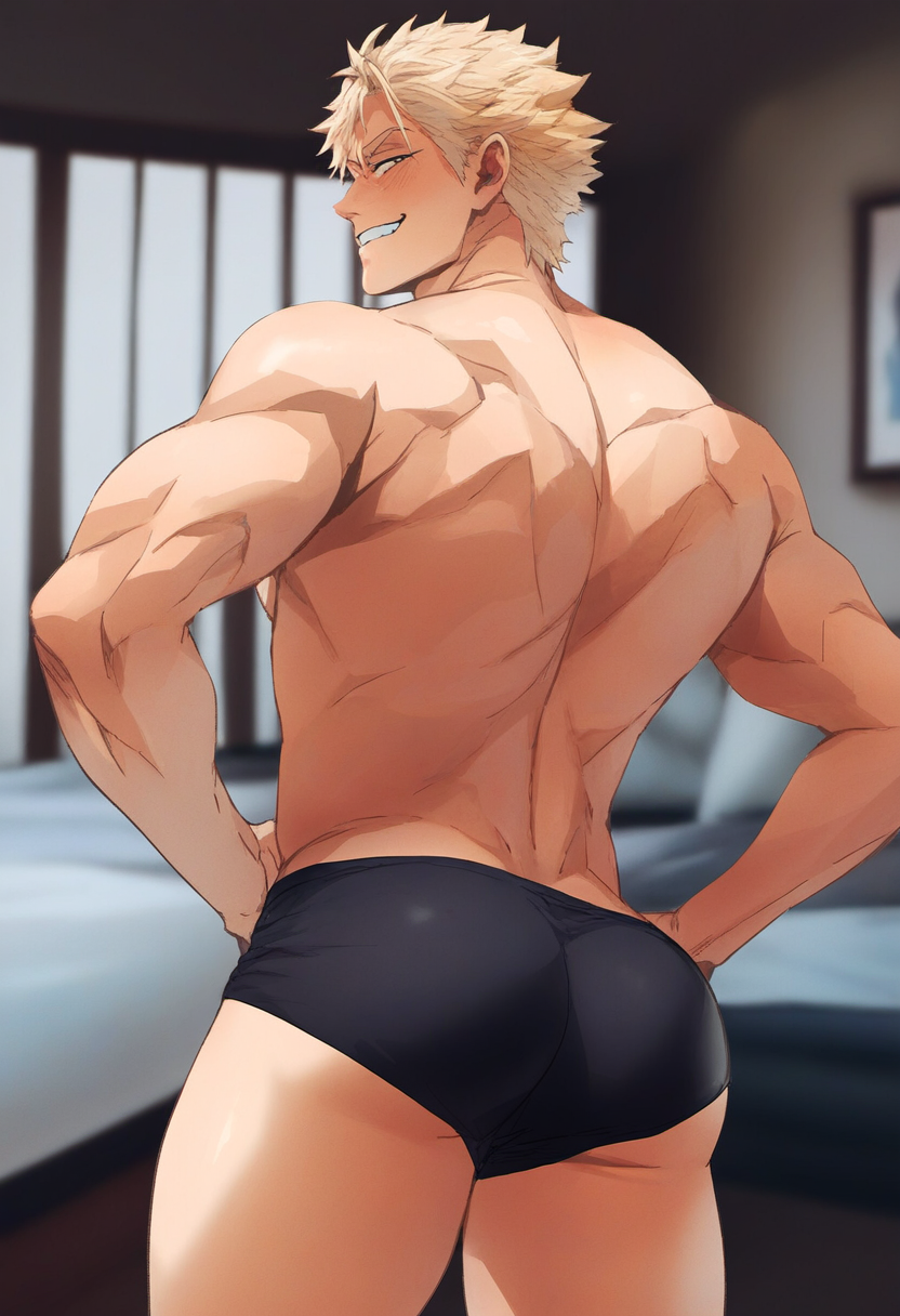 1boy ai_generated ass big_ass boxer_briefs ctst4r high_resolution highres hires inviting looking_back_at_viewer male male_focus male_only shiny_skin short_blonde_hair smooth_skin smug_expression smug_grun solo solo_male thick_legs thick_thighs underwear wide_hips