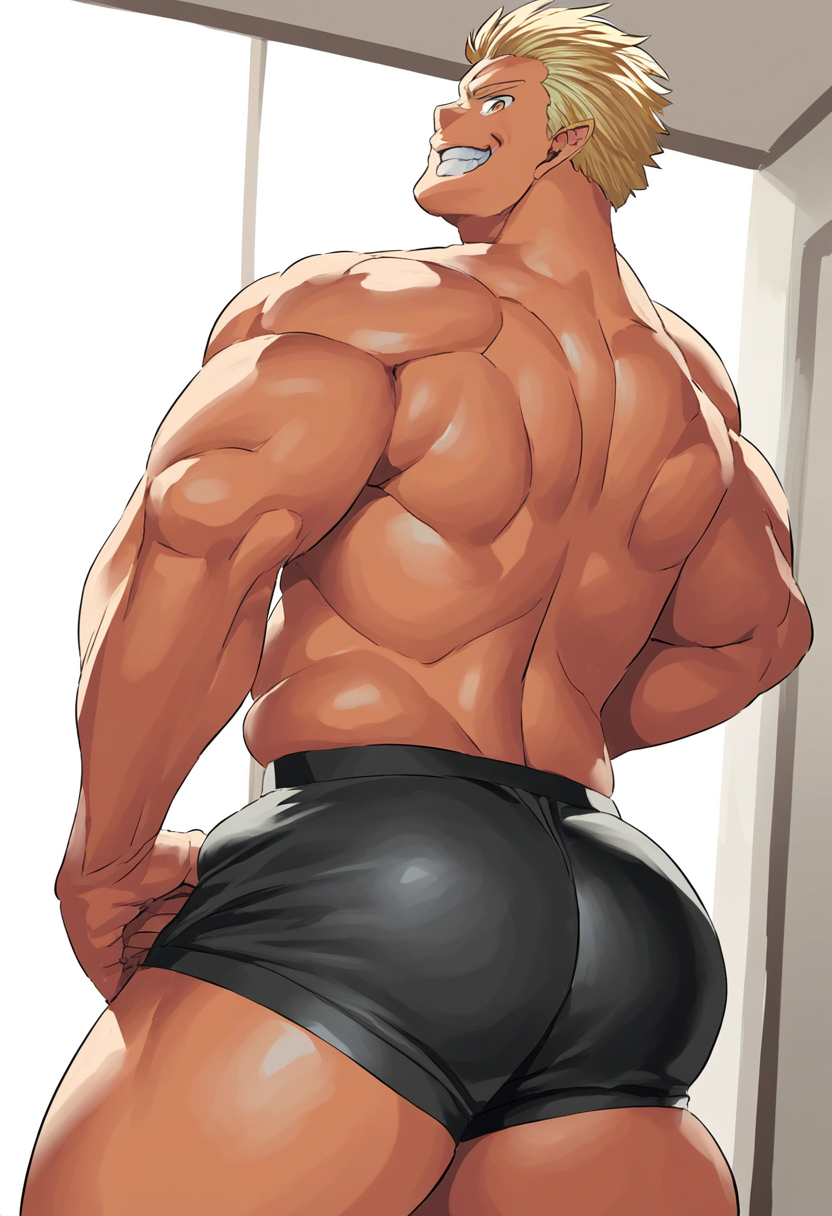 1boy ai_generated ass big_ass boxer_briefs ctst4r high_resolution highres hires inviting looking_back_at_viewer male male_focus male_only shiny_skin short_blonde_hair smooth_skin smug_expression smug_grun solo solo_male thick_legs thick_thighs underwear wide_hips