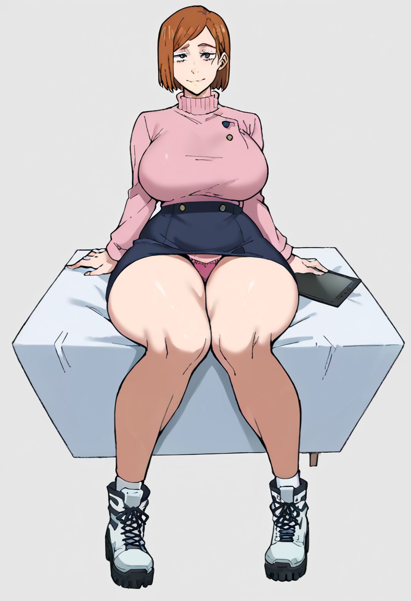 absurd_res ai_generated alternate_costume clothed_female couch curvy_body curvy_female curvy_figure curvy_hips female_focus female_only fully_clothed hi_res hourglass_figure jujutsu_kaisen jujutsu_tech_uniform kugisaki_nobara nervous perfect_body platform_boots sitting tablet tagme thick_thighs voluptuous volvoluptuous_female white_background