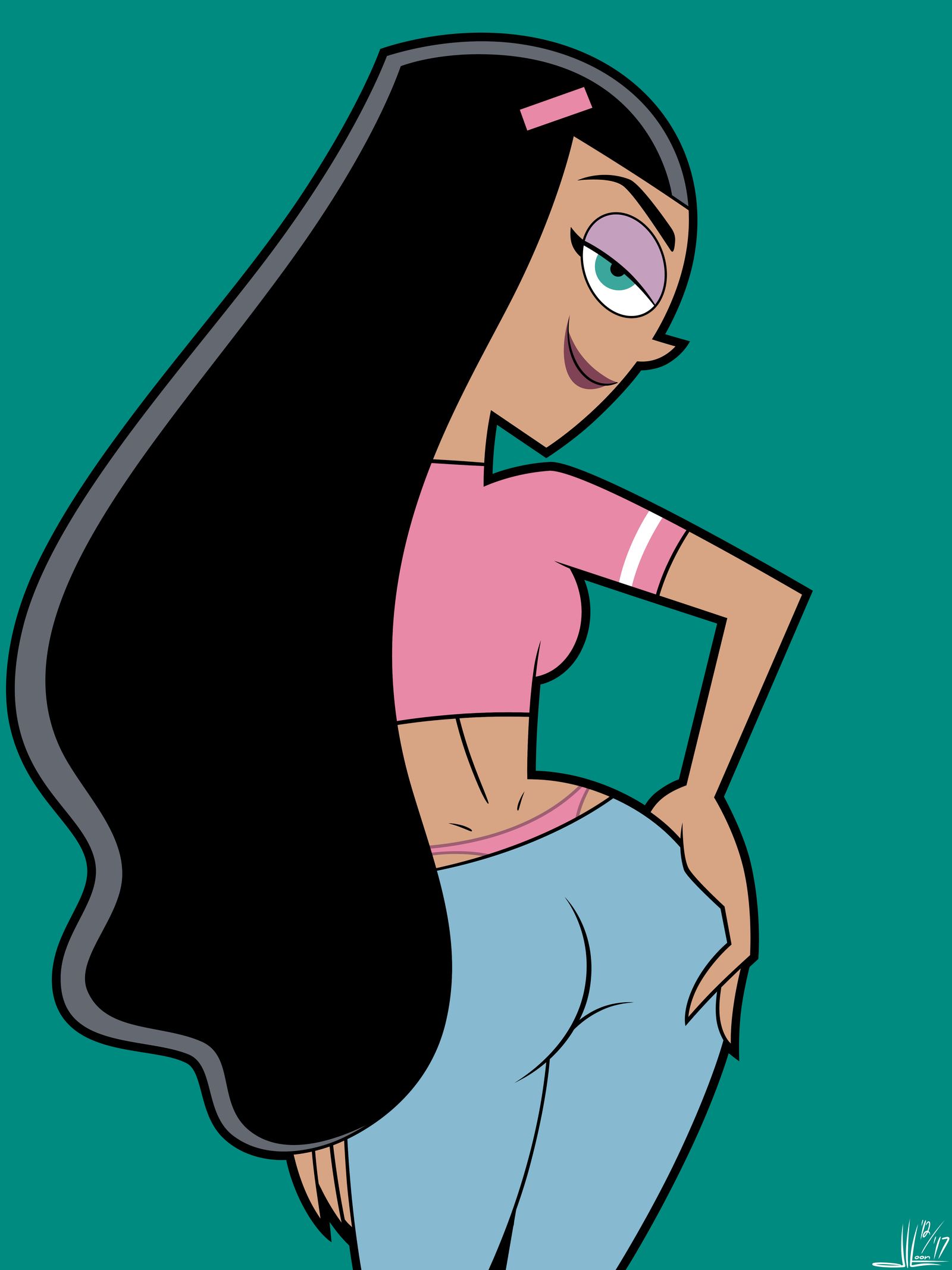 1girls, accurate art style, ass, athletic, athletic female, big ass, black hair, bubble ass, bubble butt, clothed, clothing, crop top, curvy, curvy body, curvy female, curvy figure, curvy hips, danny phantom, dark skin, dark-skinned female, dlt, eyelashes, eyeshadow, female, female focus, female only, fit, fit female, green eyes, hand on hip, hips, hourglass figure, latina, legs, long hair, looking at viewer, looking back, nickelodeon, pants, paulina sanchez, pink thong, pinup, pose, posing, seductive smile, shirt, smile, smiling, t-shirt, tan skin, thick thighs, thighs, thong, voluptuous, waist, watermark, whale tail