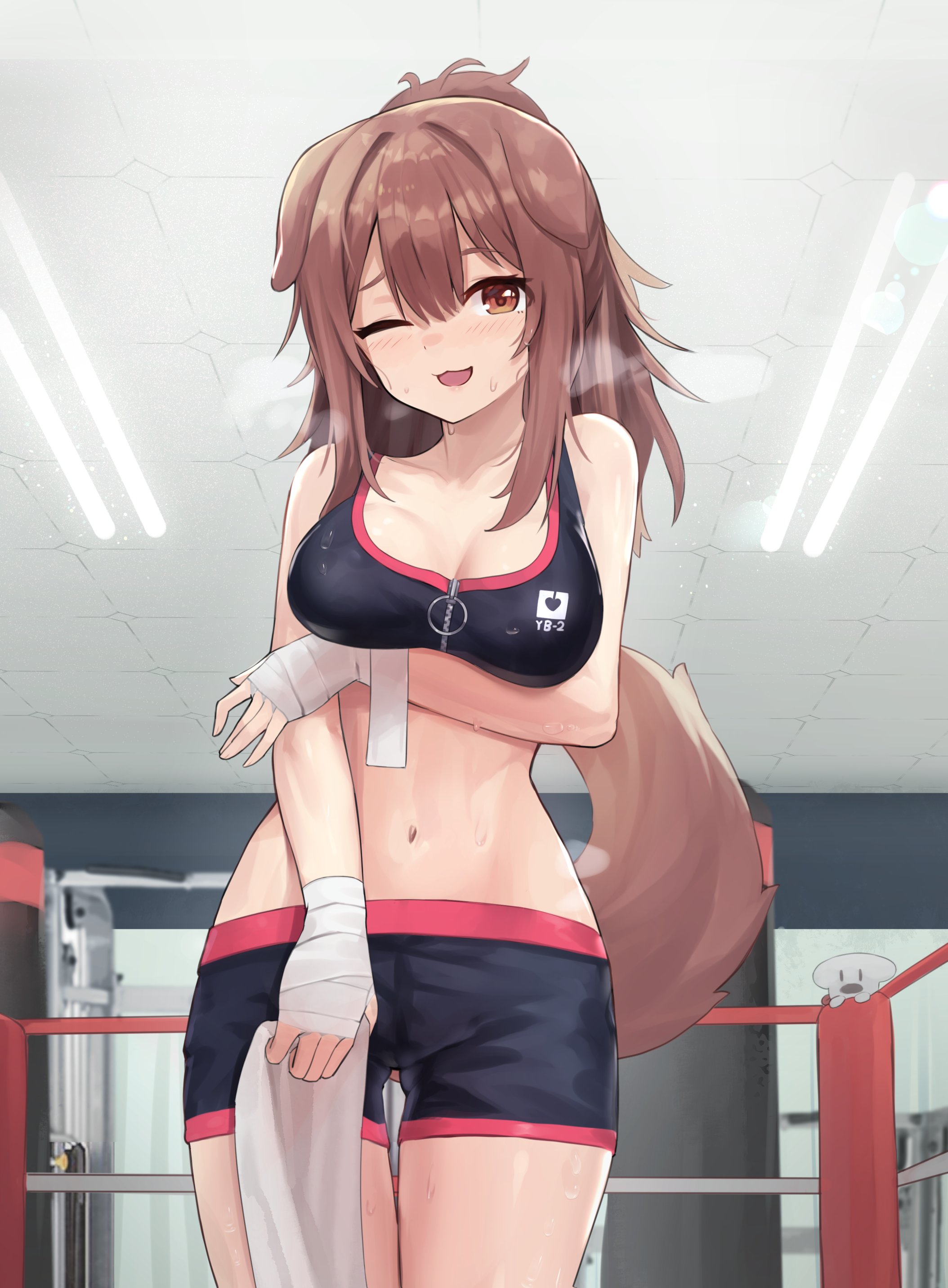 1girls, animal ears, belly button, breasts, brown eye, brown hair, dog ears, dog girl, dog tail, female, hololive, hololive gamers, hololive japan, huge breasts, indoors, inugami korone, light skin, light-skinned female, one eye closed, pointy chin, room, solo, tagme, tail, virtual youtuber, wink, woogi (duguddnr)