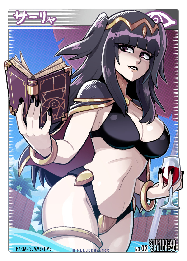 1girls alternate_costume bikini black_bikini black_hair black_lipstick black_nails black_swimsuit book breasts datskelebutt drink female female_only fire_emblem fire_emblem_awakening glass large_breasts lipstick long_hair mikeluckas nail_polish nintendo pale-skinned_female pale_skin purple_eyes solo swimsuit tagme tharja_(fire_emblem) wine