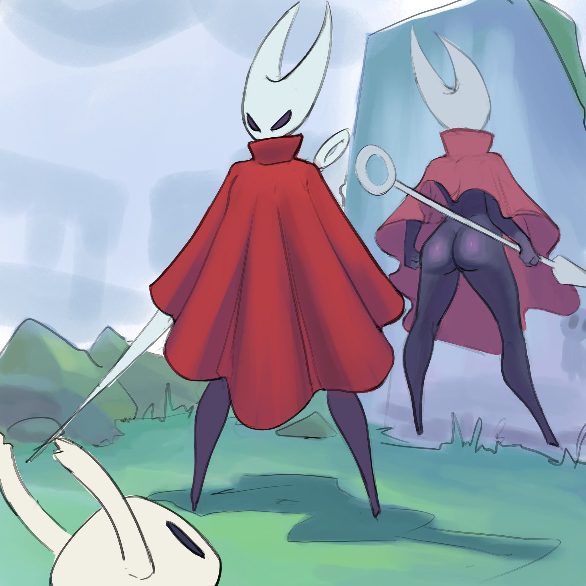 1girls, accidental exposure, ass, black skin, bottomless, cloak, cloak only, clothing, dalay man, dress up, exposed ass, exposed cheeks, female, holding weapon, hollow knight, hornet (hollow knight), intimidating, intimidation, mirror, mirror reflection, oblivious, reflection, shiny ass, tagme, the knight (hollow knight), unaware, wardrobe malfunction