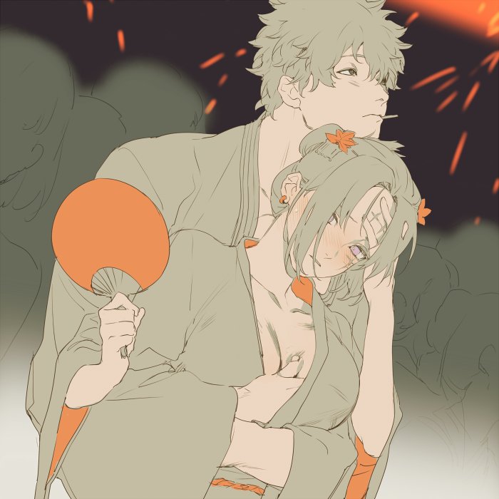 1boy 1girls arm_under_breasts big_breasts blush breast_grab cleavage embarrassed facial_scar female festival fireworks gintama gintoki_sakata grabbing_from_behind groping groping_breasts groping_from_behind hair_ornament hand_fan japanese_clothes kanzashi kimono male nihongami no_bra outdoors public rei_17 restricted_palette scar tied_hair tsukuyo uchiwa updo