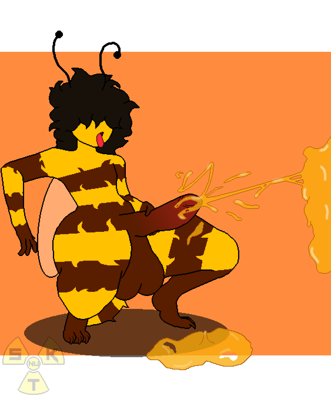 antennae_(anatomy) anthro arthropod artist_name balls bangs bee big_balls big_penis bodily_fluids crouching cum digital_drawing_(artwork) digital_media_(artwork) erection femboy flavored_cum food genital_fluids genitals hair hi_res honey_(food) honey_bee honey_cum huge_balls huge_cock hymenopteran insect_wings insects male open_mouth penis pixel_(artwork) portrait saskatoon_nu simple_background solo solo_focus thick_thighs three-quarter_portrait tongue tongue_out unusual_bodily_fluids unusual_cum unusual_genital_fluids watermark wide_hips wings yellow_body